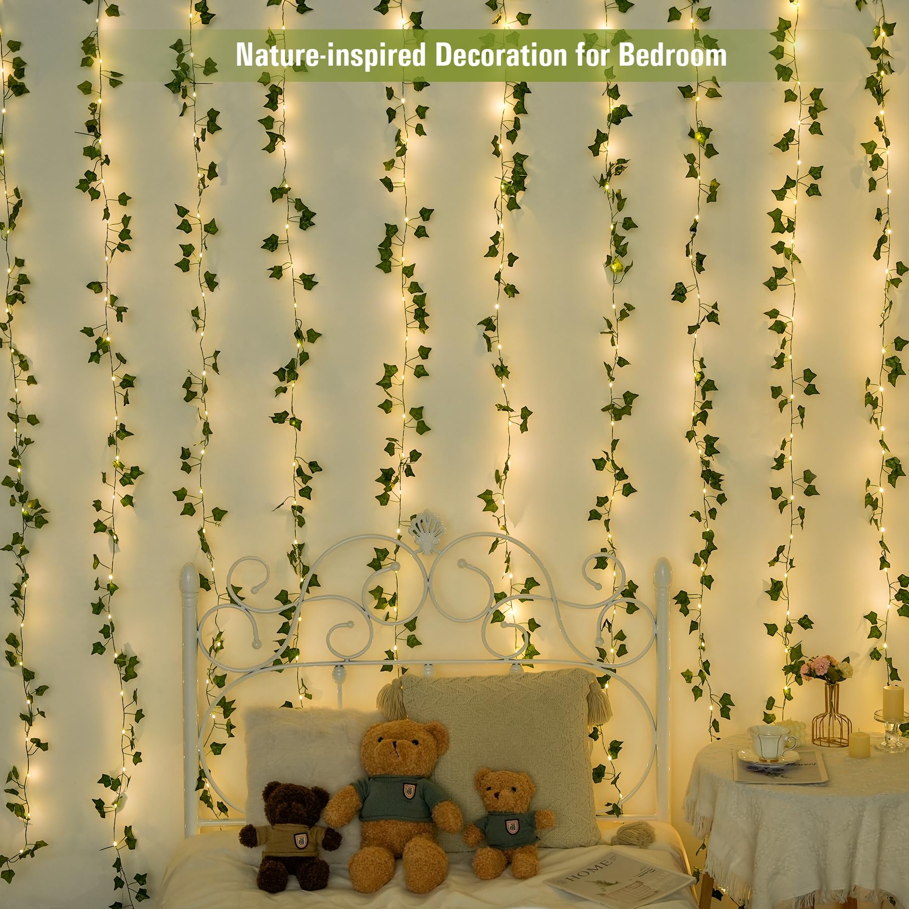 POTIVE Vines with Lights Plug in, 100 LED Leaf Light, 33ft Warm White Ivy Garland, Model EXS-S-0100 for Bedroom and Party Decor
