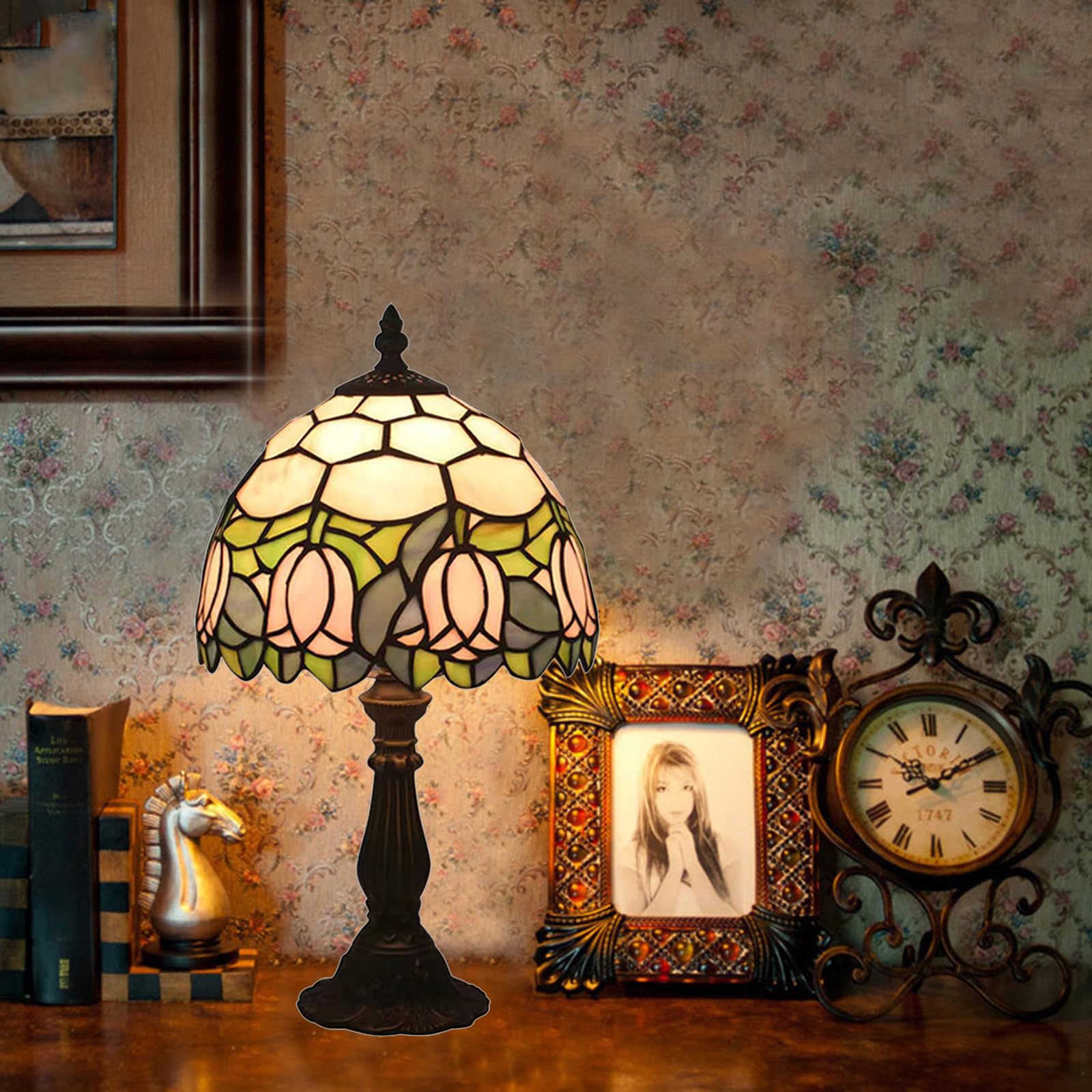 Tuomoxte Tiffany Style Table Lamp, Pink Tulip Stained Glass Lamp, 8 Inch Small Antique Lamp, For Bedside Nightstand Bedroom Livi