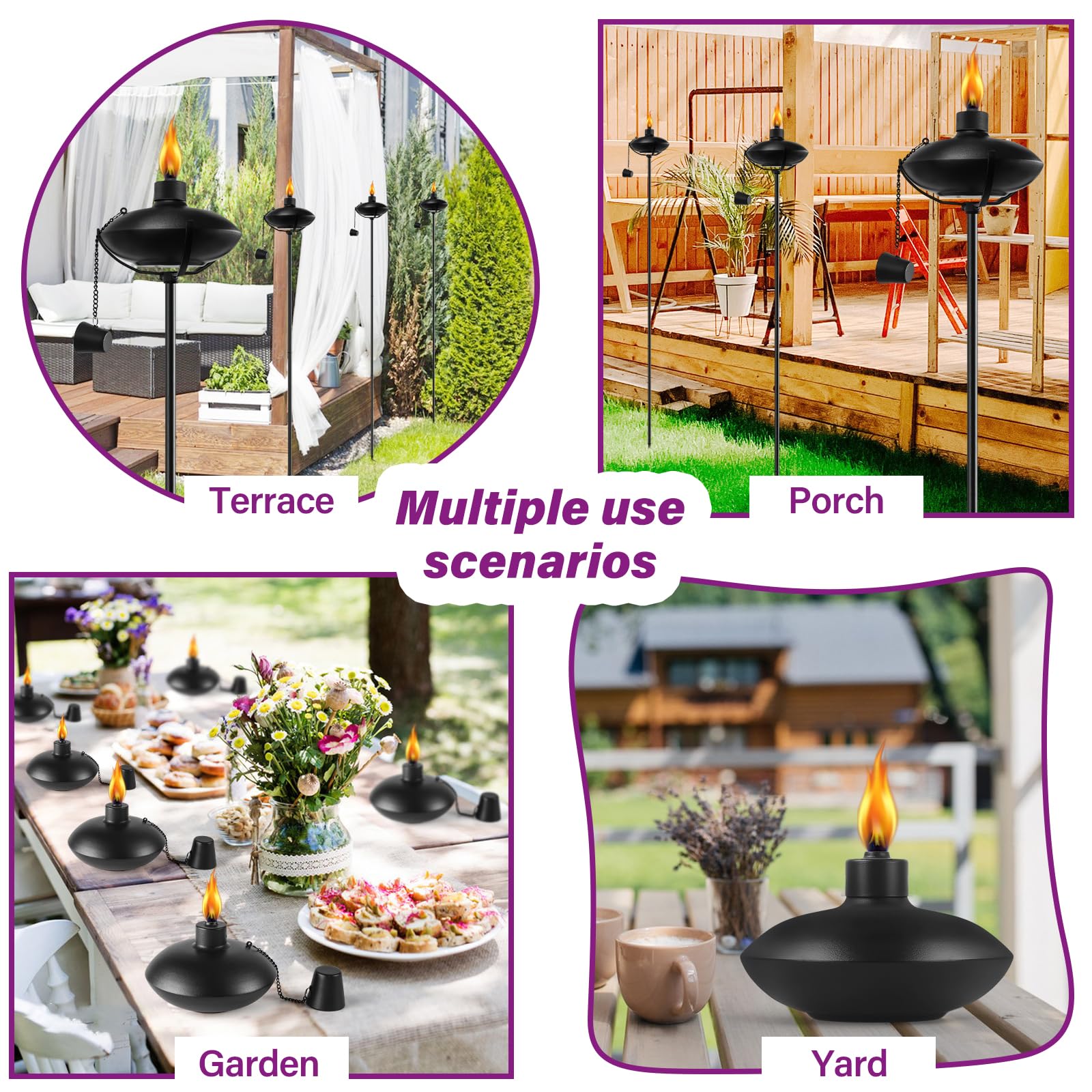 Fan-Torches 6 Pack Citronella Garden Torches, 55-Inch Metal Outdoor Décor With 3-Prong