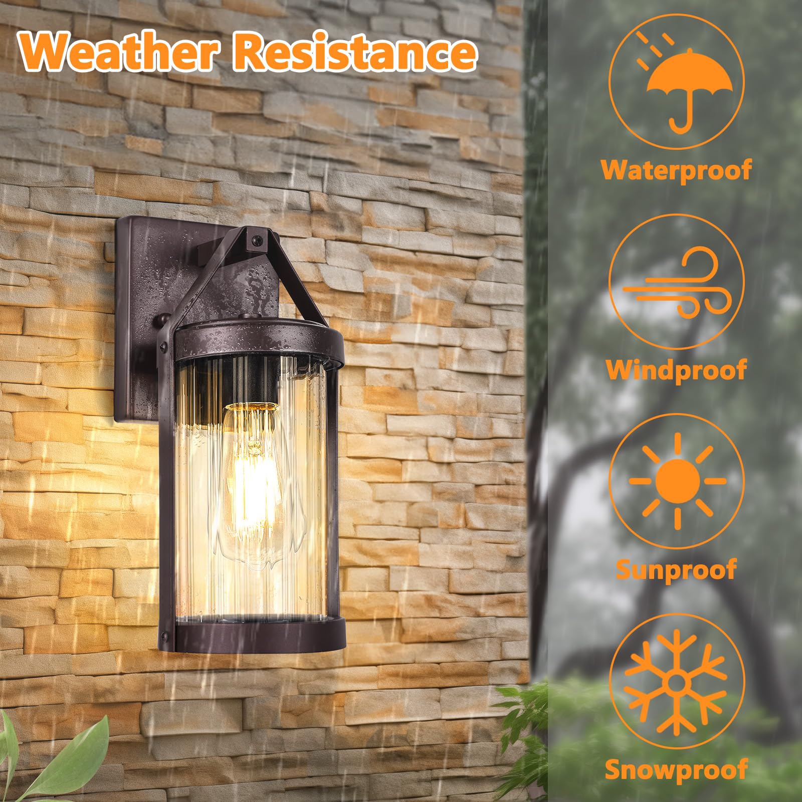 2-Pack Outdoor Wall Lights, Waterproof Light Fixtures Wall Mount With Clear Ribbed Glass, Modern Brown Exterior Wall Sconce Fron