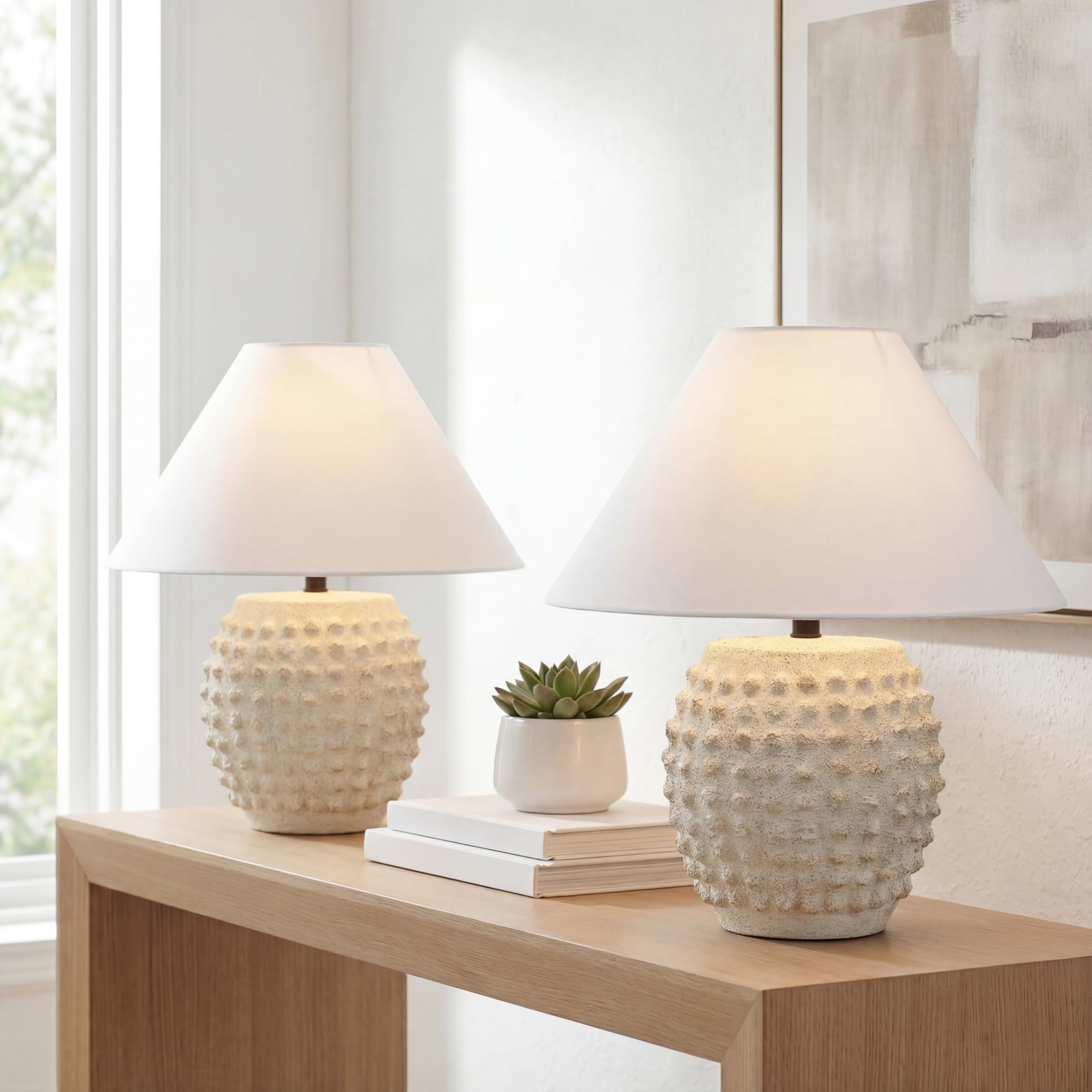 JONATHAN Y 18.25 Matte Cream Ceramic Hobnail Table Lamp Set of 2 for Bedroom, Modern Minimalist Farmhouse Bedside Nightstand Lam