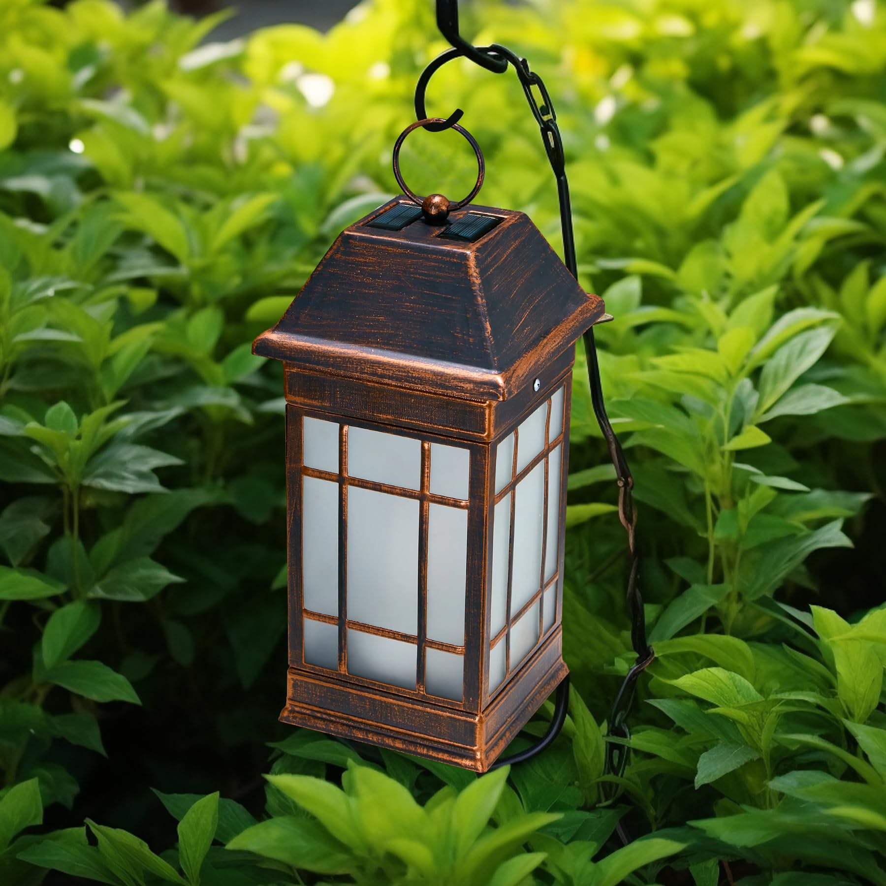 anyperfect 14 Solar Lantern Outdoor Waterproof, Glass Flickering Flame Solar Lanterns, Hanging Metal Lantern Decorative for Pati