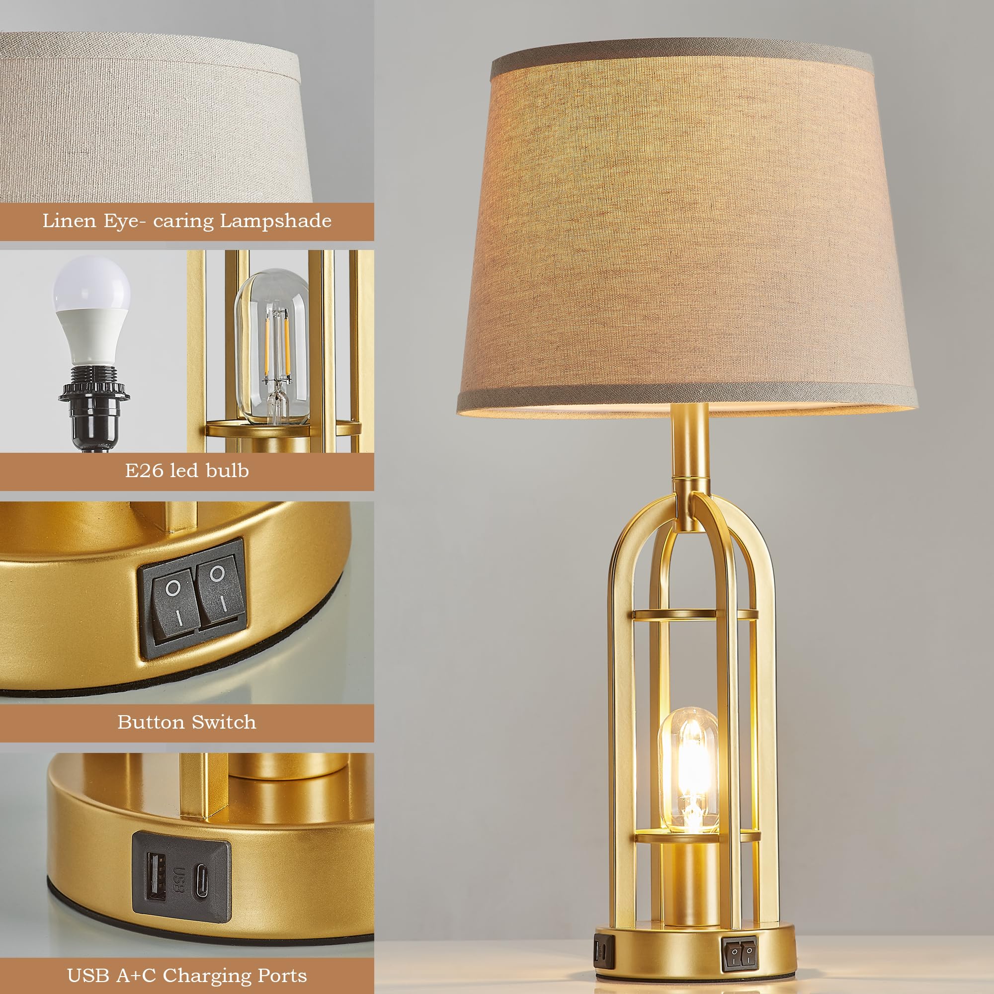SRJJA Gold Table Lamps Set of 2 - Modern Farmhouse USB Nightlights, 24'' Button Switch, Ideal for Living Room and Bedroom