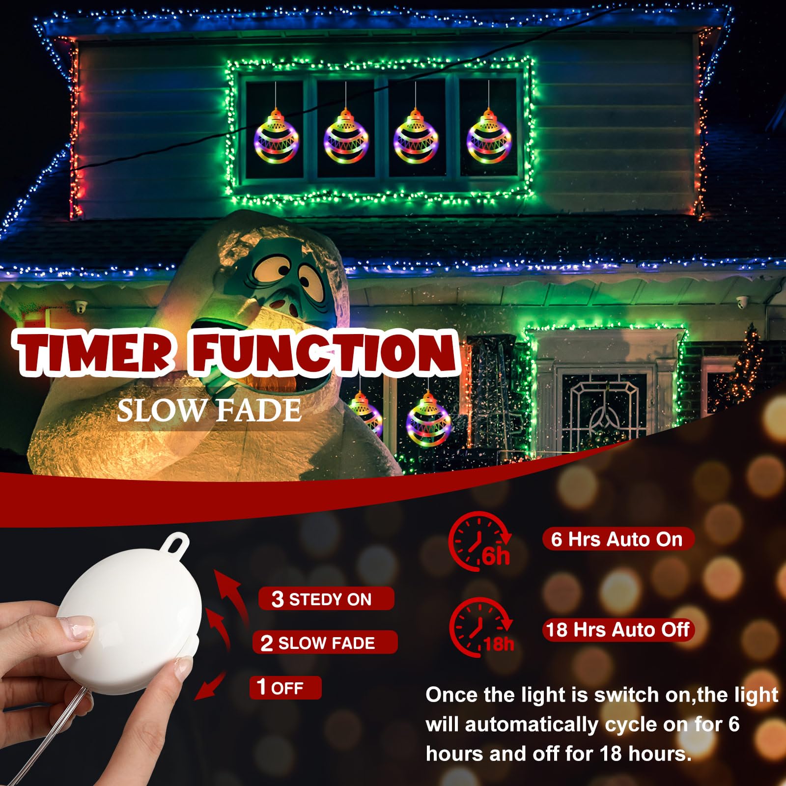 Gejoy Christmas Ball Window Lights - 6 Pcs Battery Powered Silhouette with Timer - Multicolor - Indoor/Outdoor Decor - Model GJ-Gejoy-890