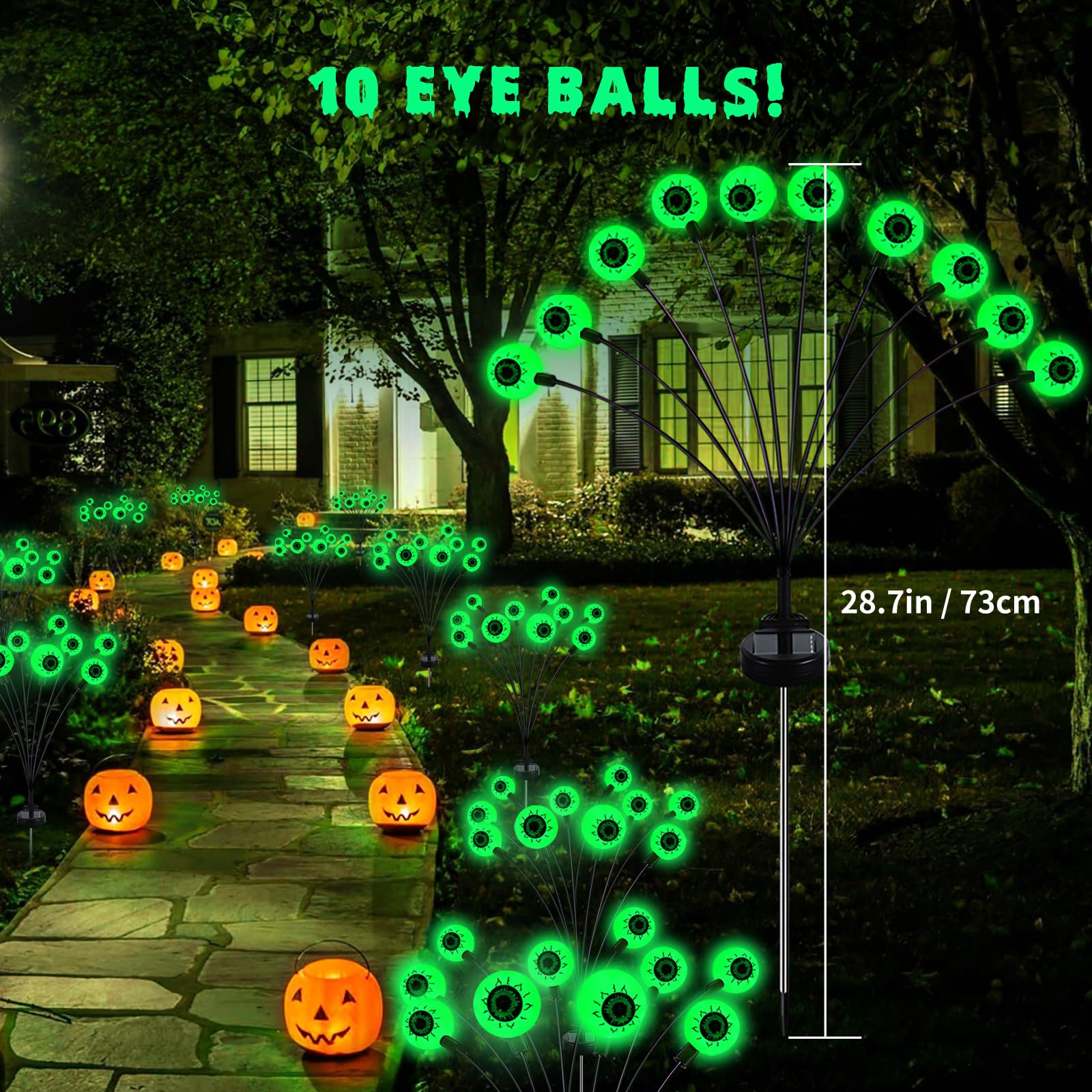 Halloween Eyeballs Solar Lights, 2 Pack 20 Led Green Outdoor Light With 2 Modes, Scary Swaying Firefly Decoration Lights - Waterproof Solar Halloween Path Lights For Yard/Garden/Lawn/Party Decor