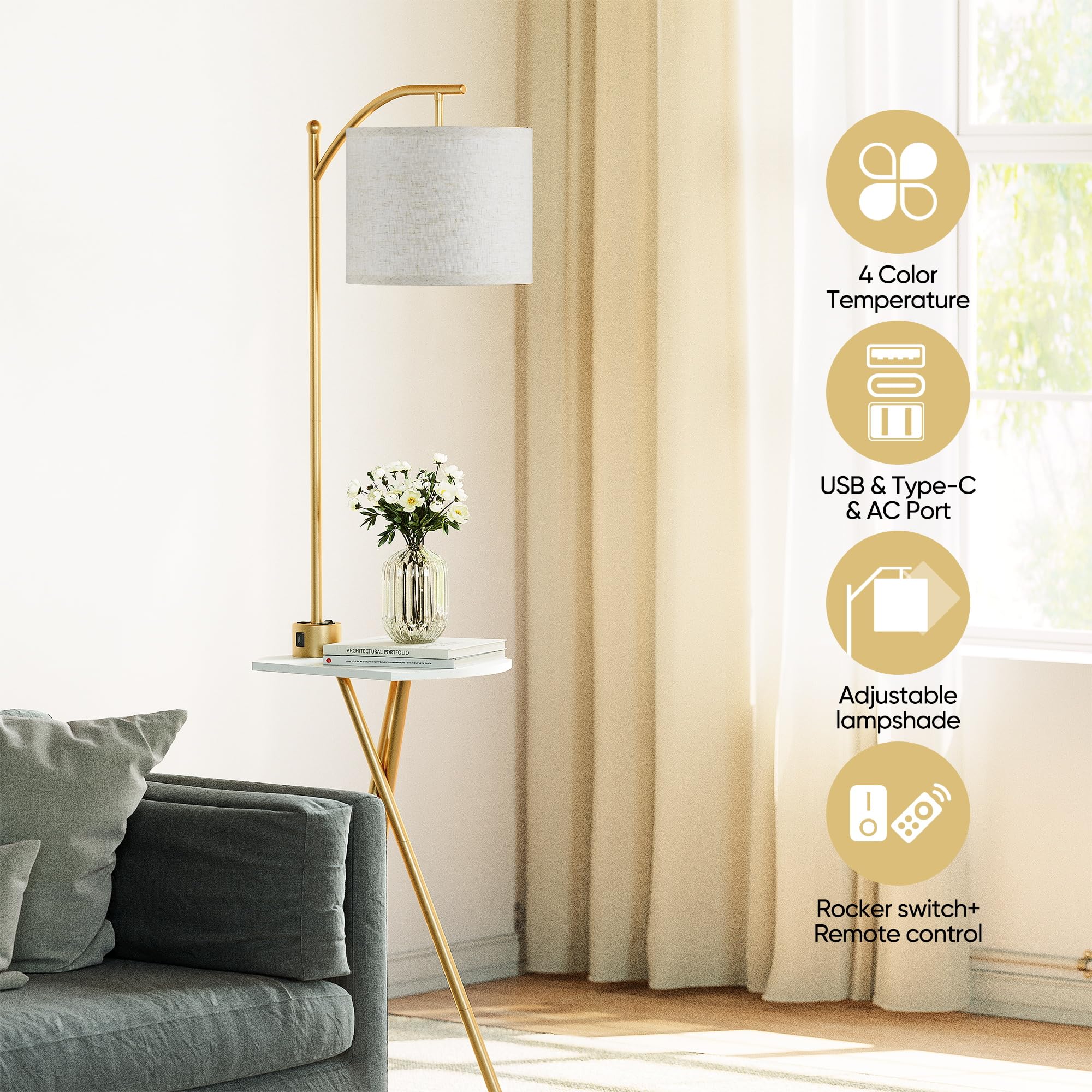 ROTTOGOON Floor Lamp with Table, Remote Control, Charging Station, 4 Color Temperatures, Gold, Model ROFP092AJ1
