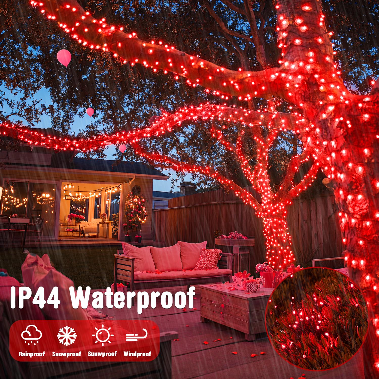JMEXSUSS 250 LED Red String Lights, 91.5ft Waterproof, 8 Modes, Indoor/Outdoor Holiday Decorations, Model EXS-S-0250