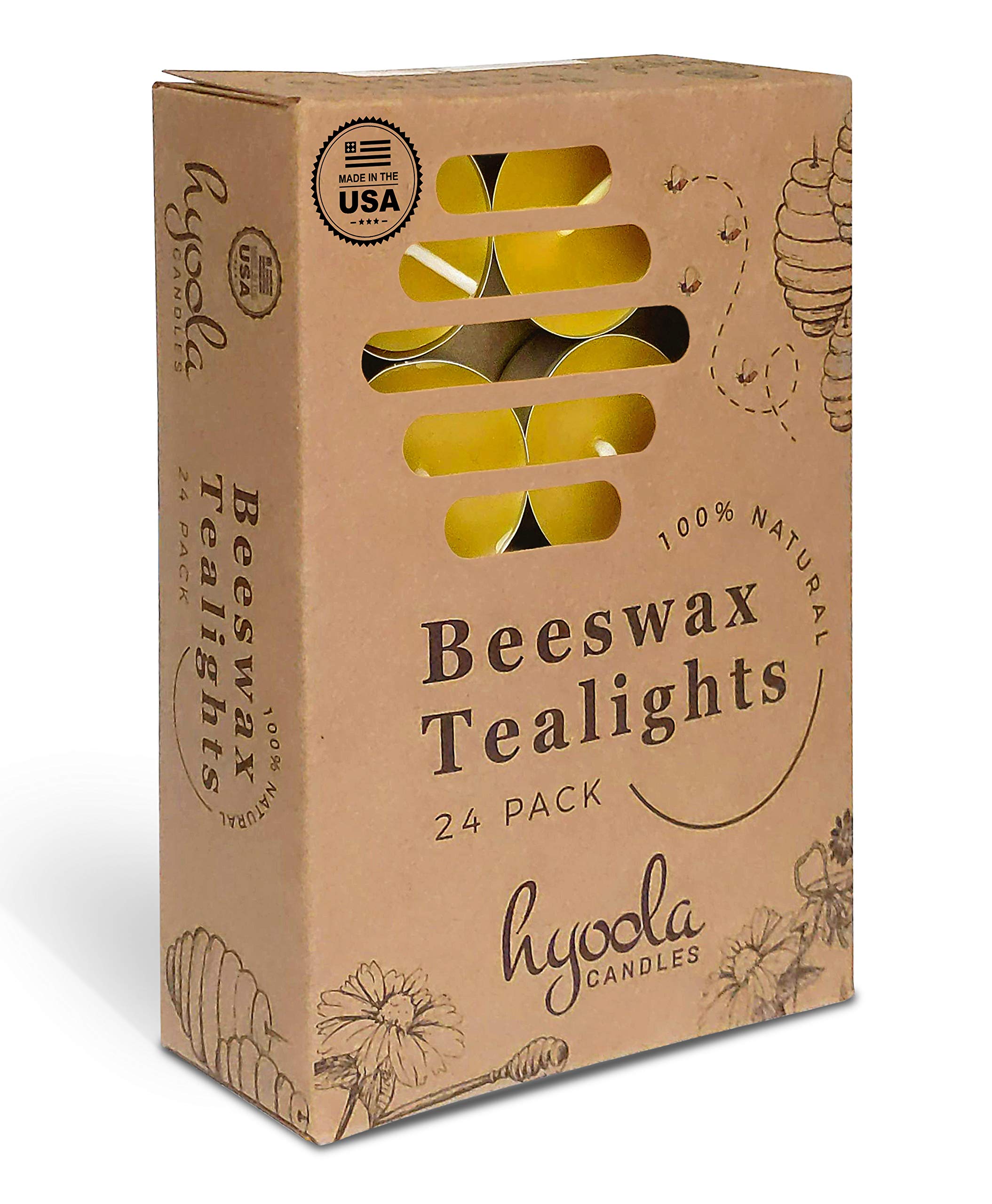 Hyoola Beeswax Tealight Candles In Aluminum Cup - 24 Pack - 100% Pure Natural Beeswax Candles