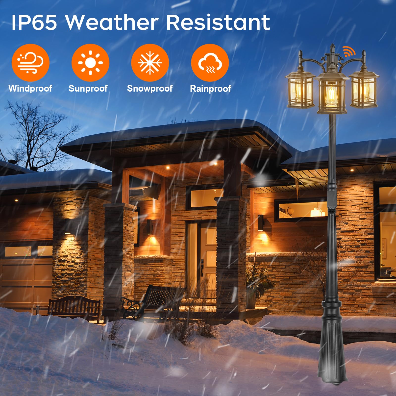 PARTPHONER Dusk to Dawn Outdoor Lamp Post Light, Black with GFCI Outlet, 3-Head Waterproof Street Lights, 3 LED Bulbs Included