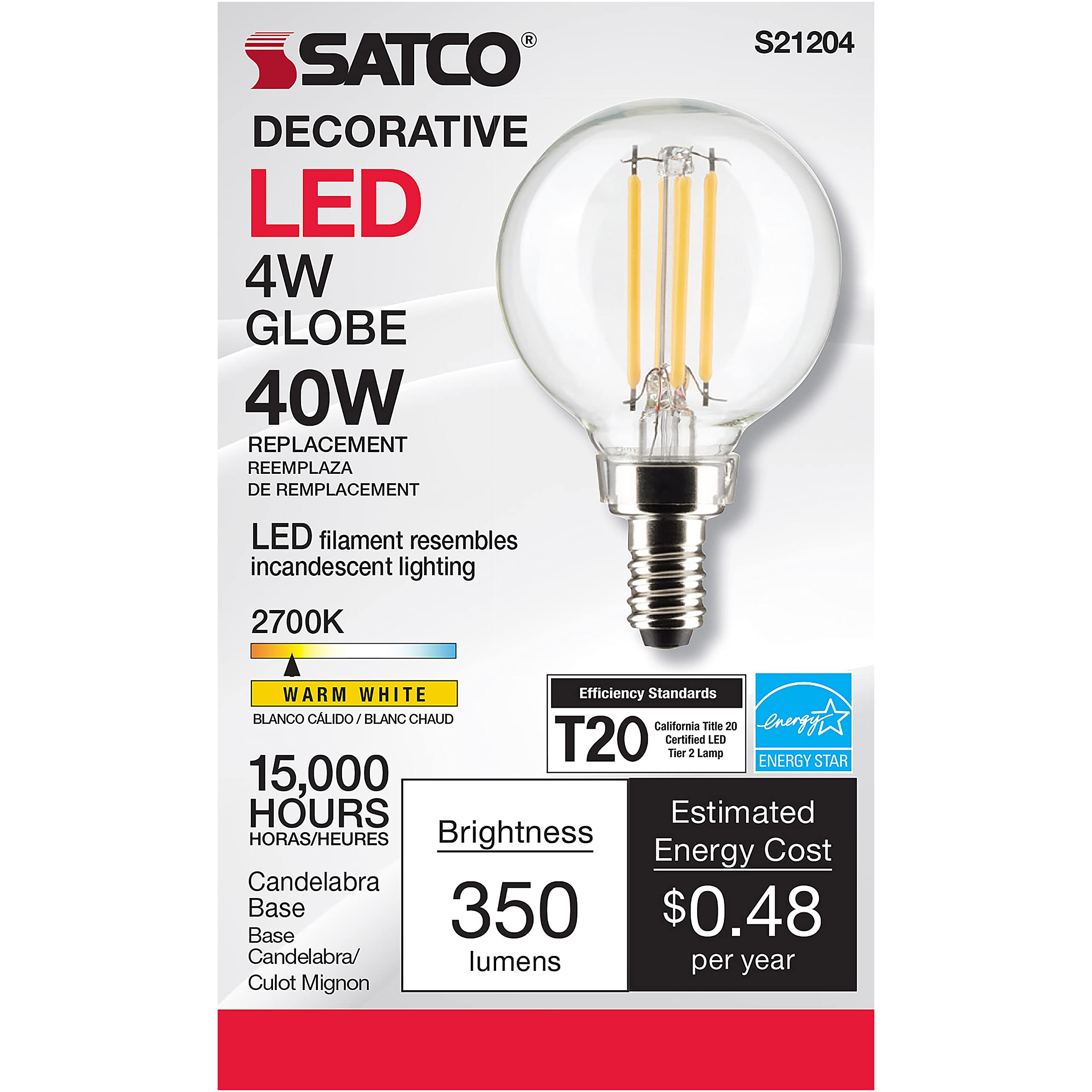 Satco 4-Watt LED E12 Light Bulb, Dimmable, 2700K, 15000 Hour Rating, Clear, Model S21204, 1 Count