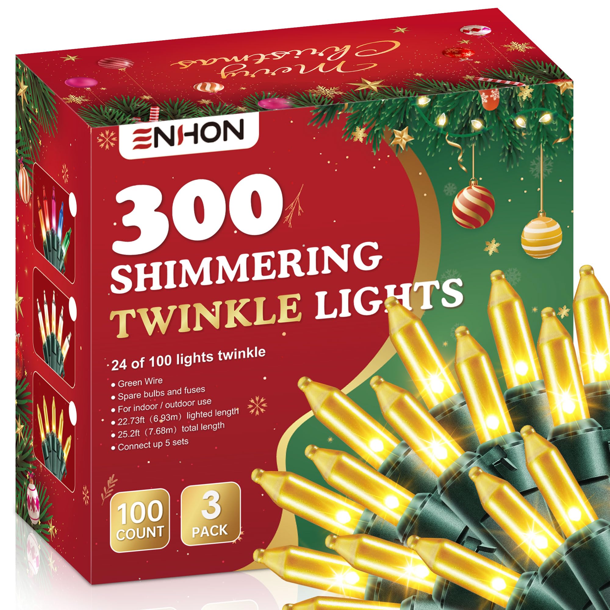 Enhon Twinkling Christmas Lights, 76.2 FT, 300 Random Bulbs, Waterproof, Gold, Model LCH7-100L/2F