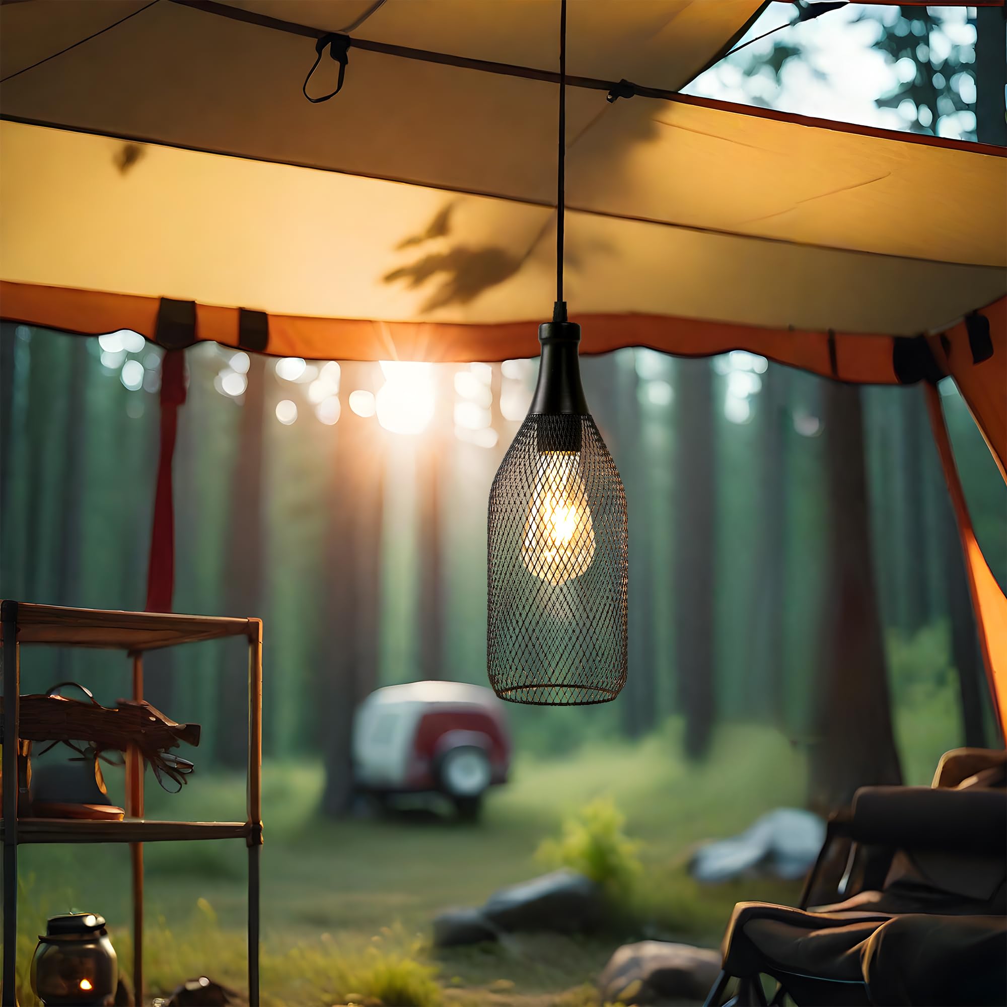 JHY DESIGN Hanging Lamp - Battery Powered Metal Cage Pendant - 13inH Wine Bottle Shape - Ideal for Indoor/Outdoor Use