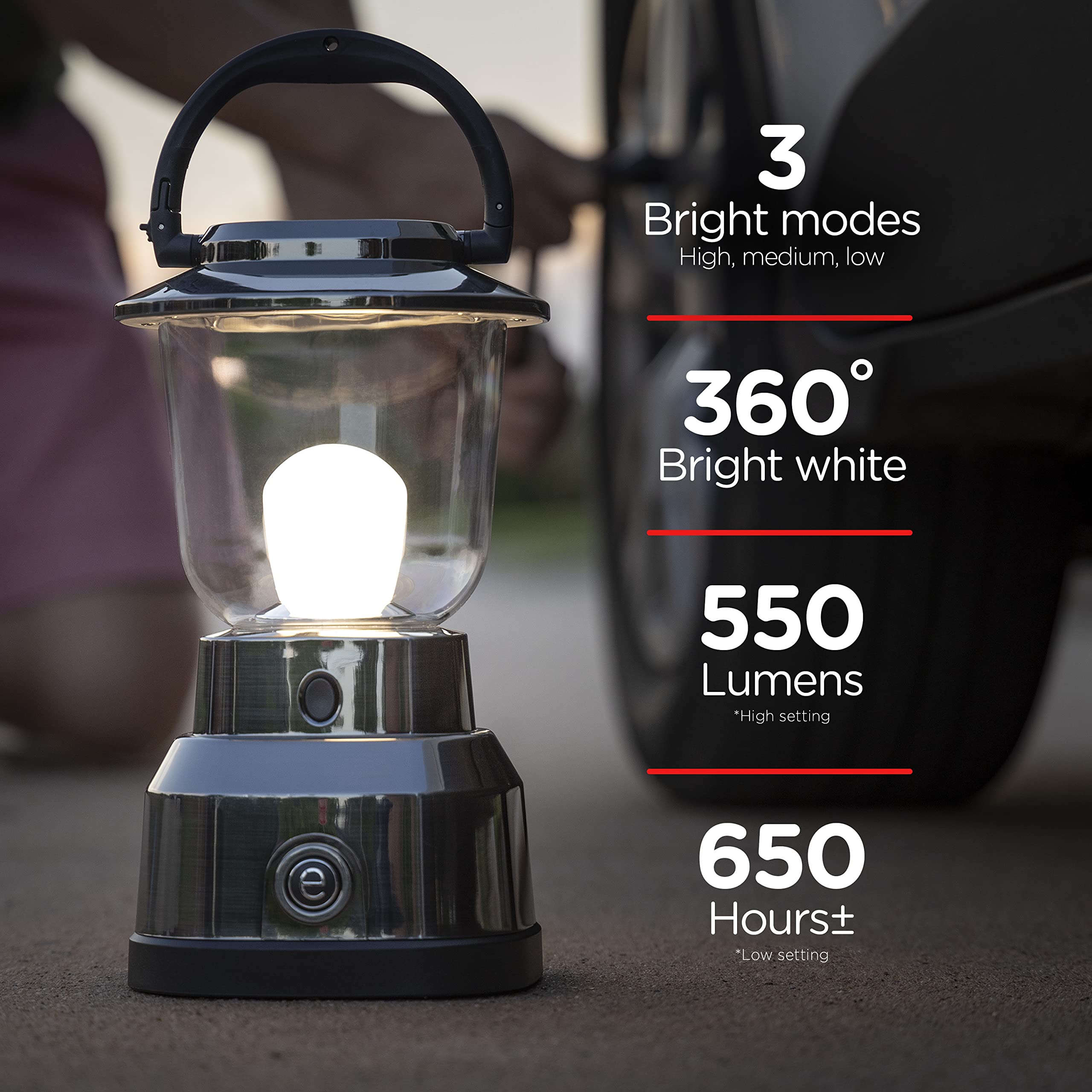 Enbrighten LED Camping Lantern, 550 Lumens, 280 Hour Runtime, Brushed Nickel, Model 14210, Battery Powered, Carabiner Handle