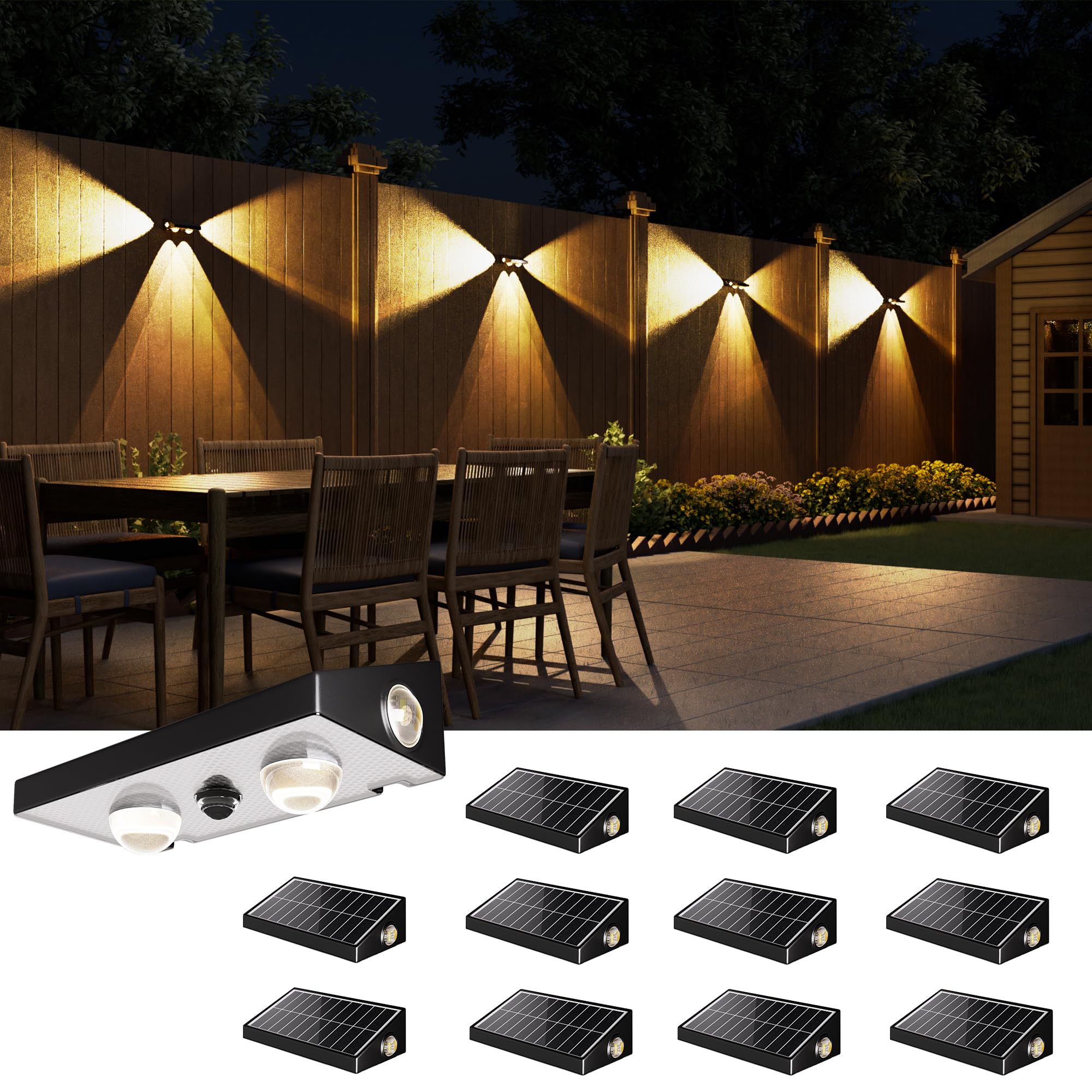 Jackyled Solar Fence Lights 12 Pack  Outdoor Waterproof Led Light Solar Powered 10 Modes Rgb Color Changing/Warm White  3-Way Lensed Lighting For Deck Railing Backyard Wall