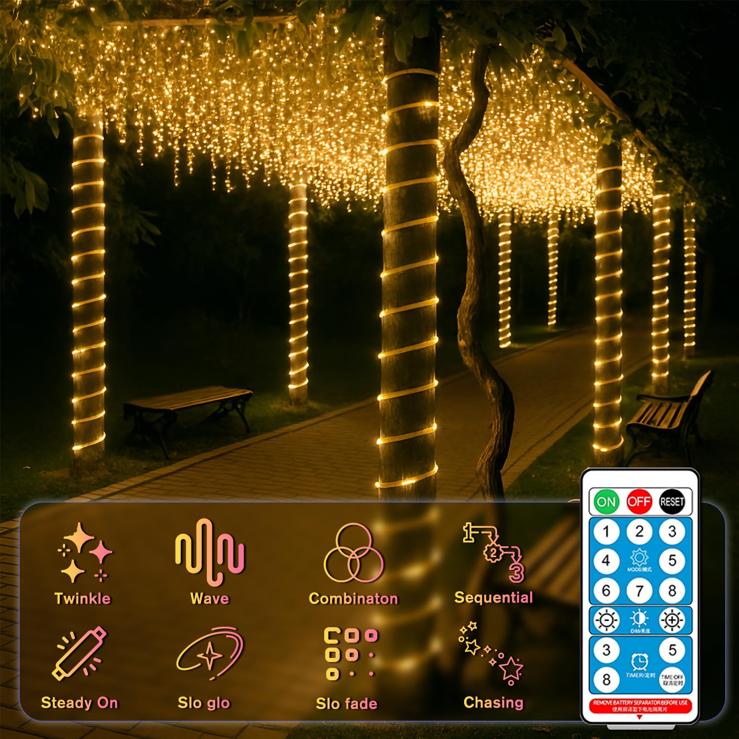 ANJAYLIA Solar Rope Lights 200 LED Waterproof 66FT with Timer Remote Warm White