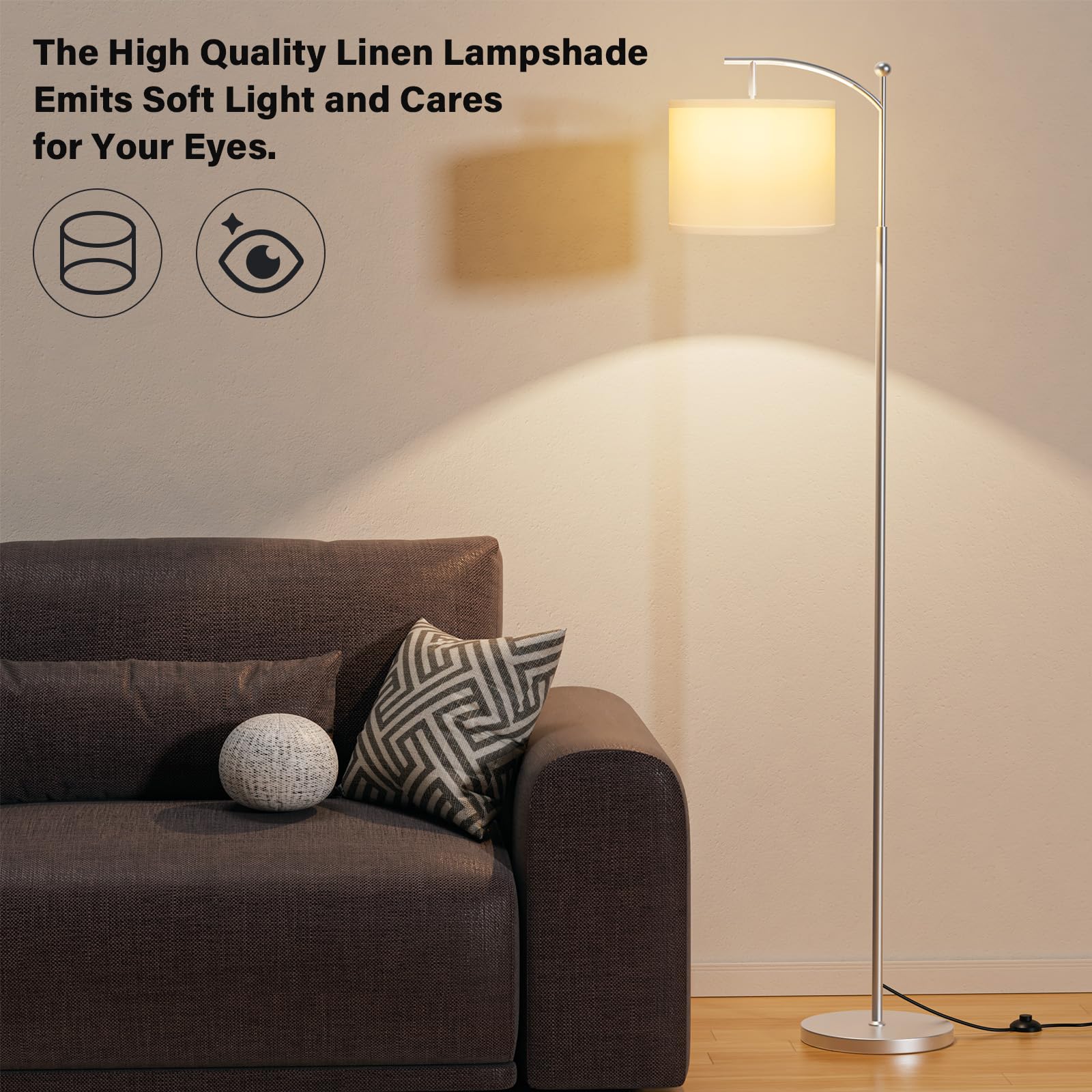 60" Floor Lamps For Living Room With 3 Color Temperatures, Adjustable White Shade With Silver Pole, Tall Lamps For Living Room Bedroom Office Classroom Dorm Room, 9W Bulb Included