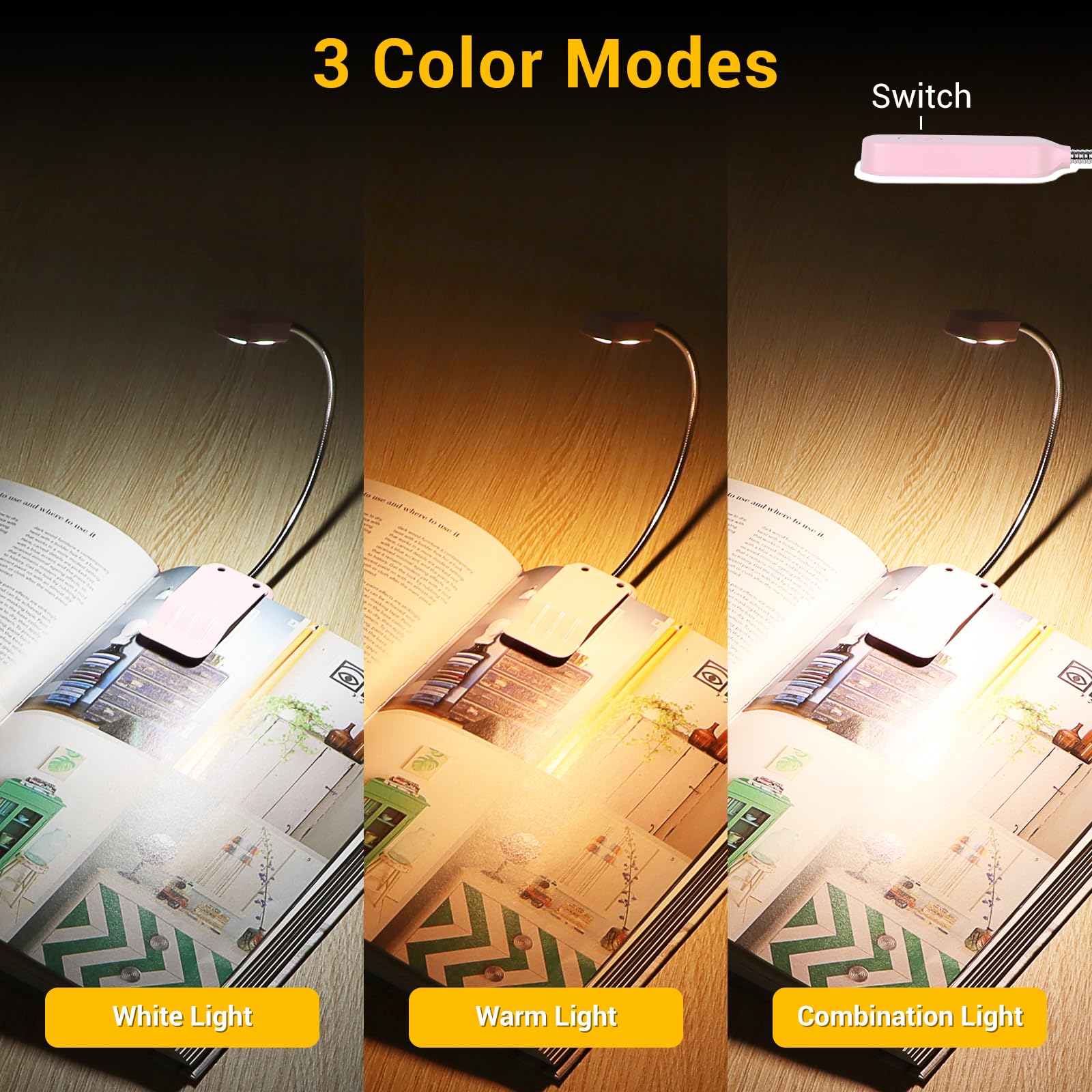 Best World LED Book Light 2 Pack - Rechargeable, Eye-Caring, 3 Colors, Flexible Clip-on LED Night Light, Lightweight - Pink, Model WLM310-BLA-1W-
