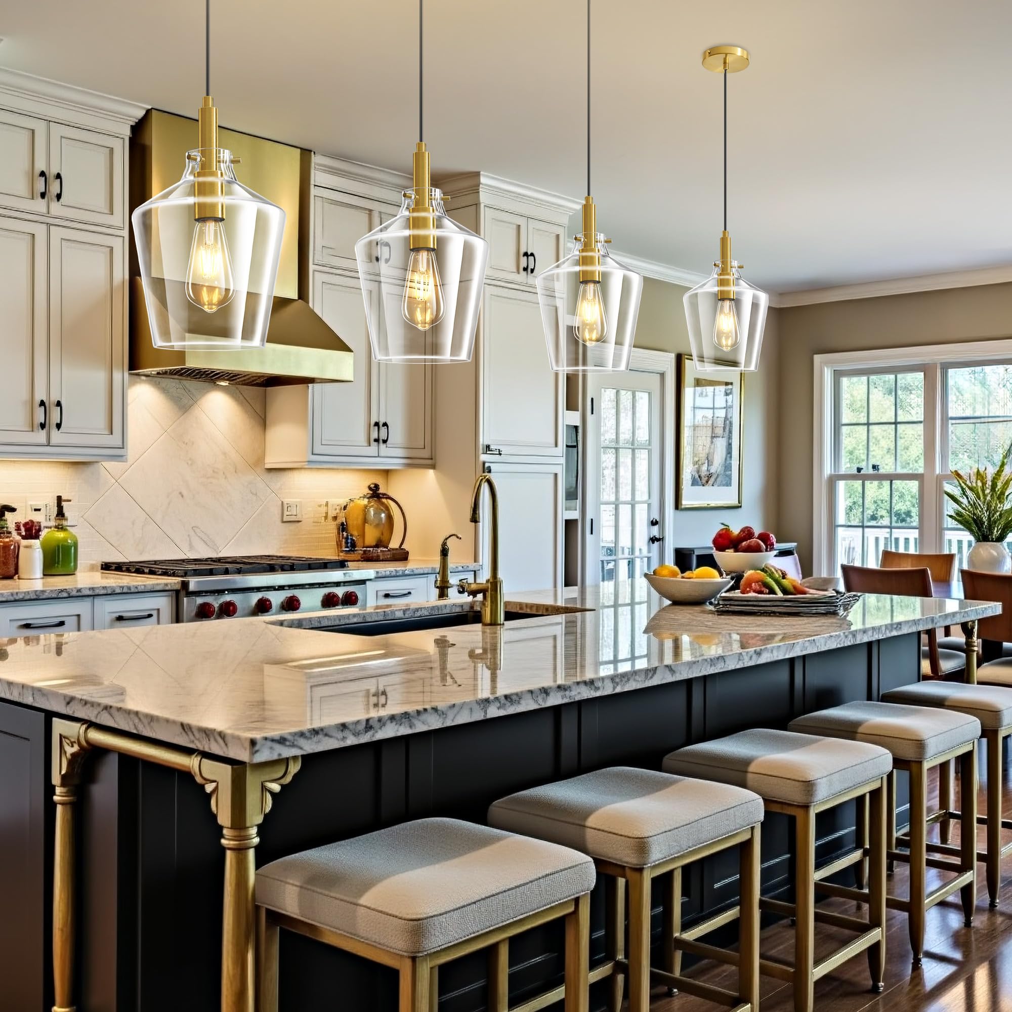 Vaziden Modern Glass Pendant Lighting For Kitchen Island 2 Pack  Farmhouse Gold Pendant Light Fixtures  Adjustable Hanging Ceiling Light  Angled Clear Glass Shades 8 Inch