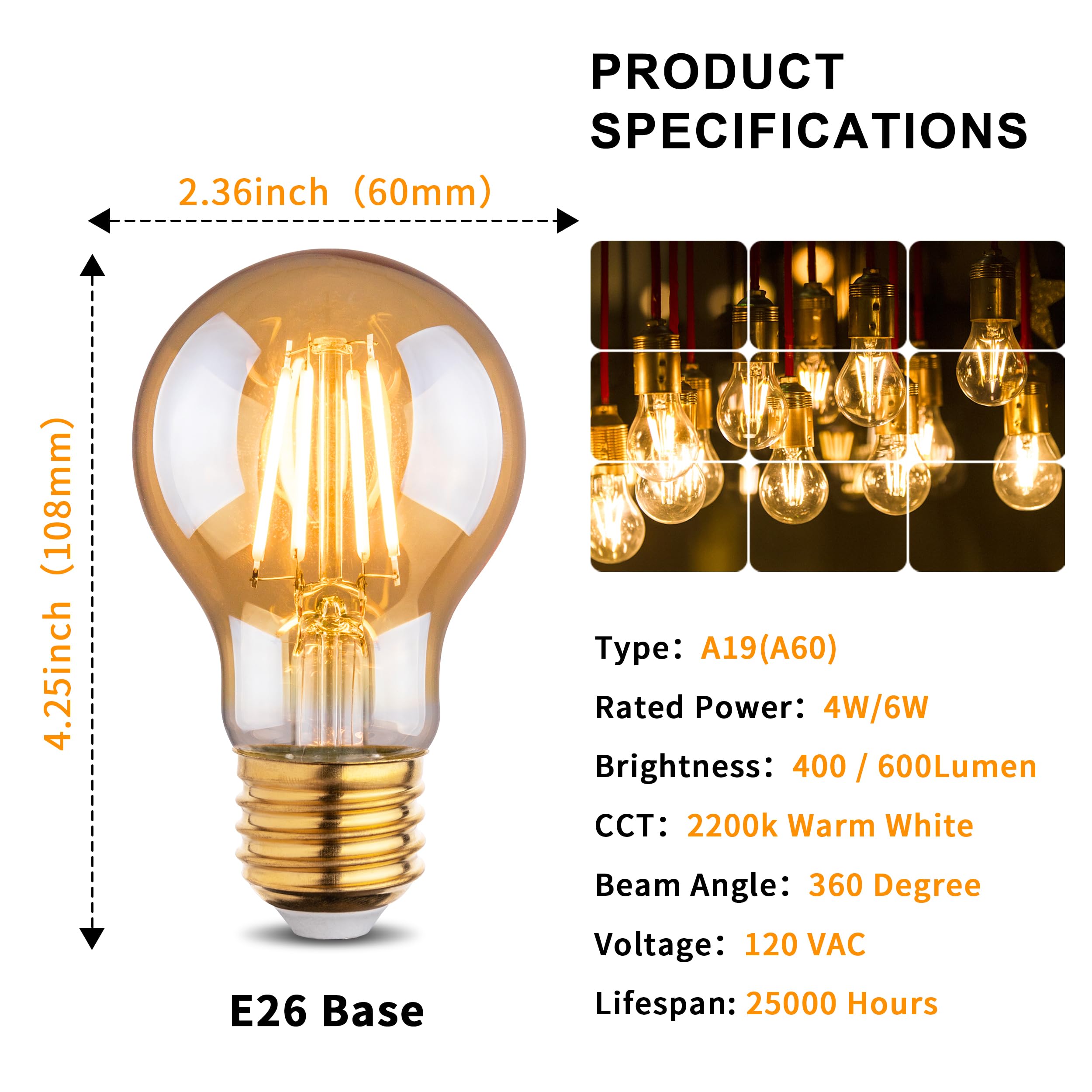 Runquiz 2200K Led Light Bulb,Vintage A19 Edison Bulbs,Dimmable Amber Warm White Tone Light Bulb,Antique Led Filament Light Bulbs