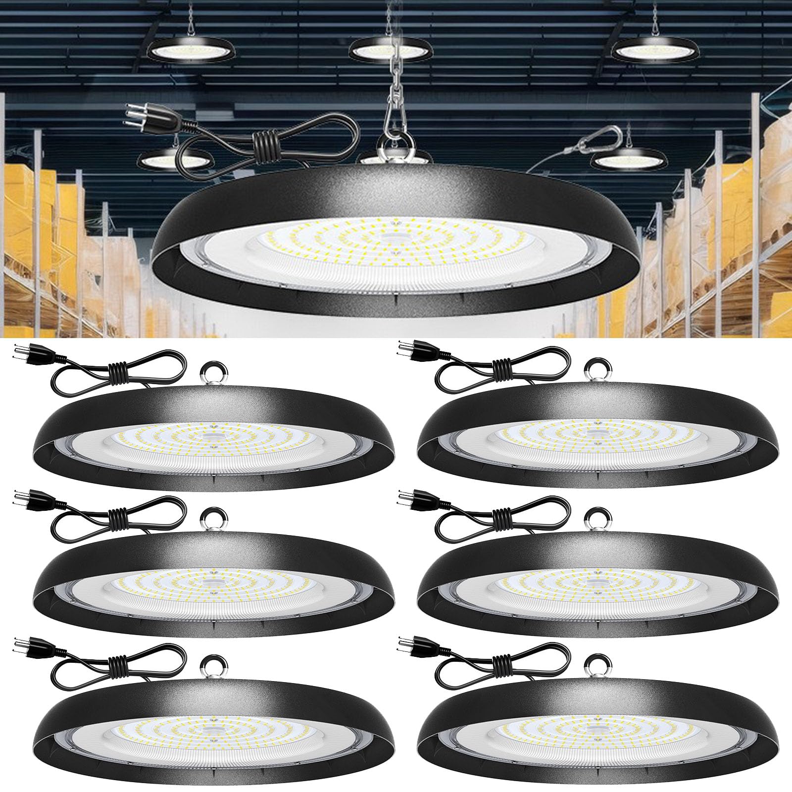 6Pack 300W Ufo Led High Bay Light 33000Lm 6000K Daylight 3000W Equivalent With 59Inch Us Plug Cable Garage Lights Commercial Warehouse Bay Light For Garage Factory Lowbay Area Lighting