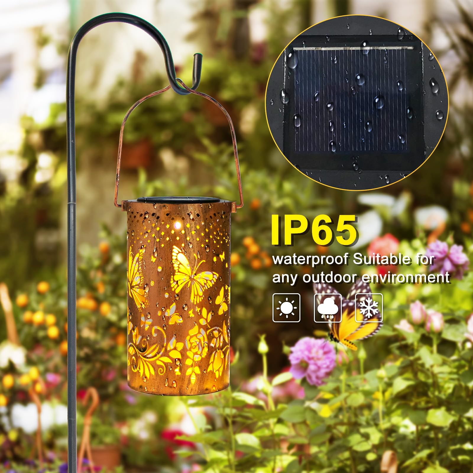 4 Packs Solar Lanterns Outdoor Hanging Lantern Lights, 4 Butterflies Hollowed-Out Metal Decor Lantern, Waterproof Led Decorative