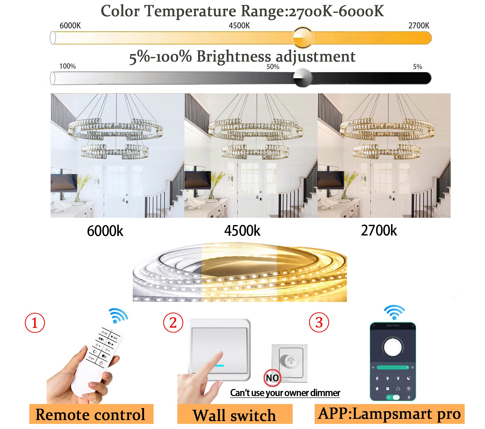 IDEQUY Modern Gold Crystal Chandeliers, D32''+D20'', LED Dimmable, Foyer Light, Model CF8014-48J