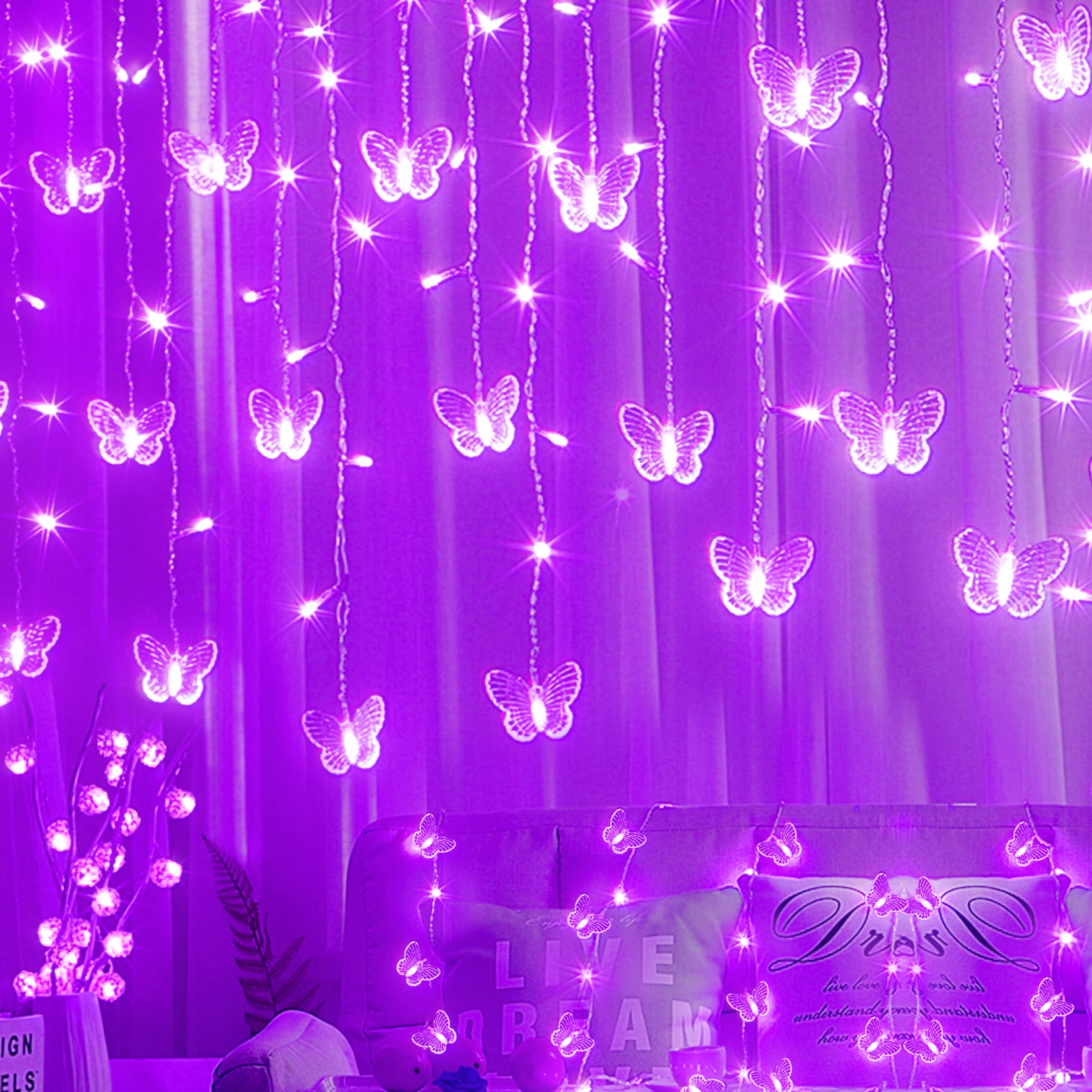 Sunkite Purple Butterfly Curtain Fairy Lights, 120 Led Usb, 20Ft, 8 Modes, Waterproof For Parties