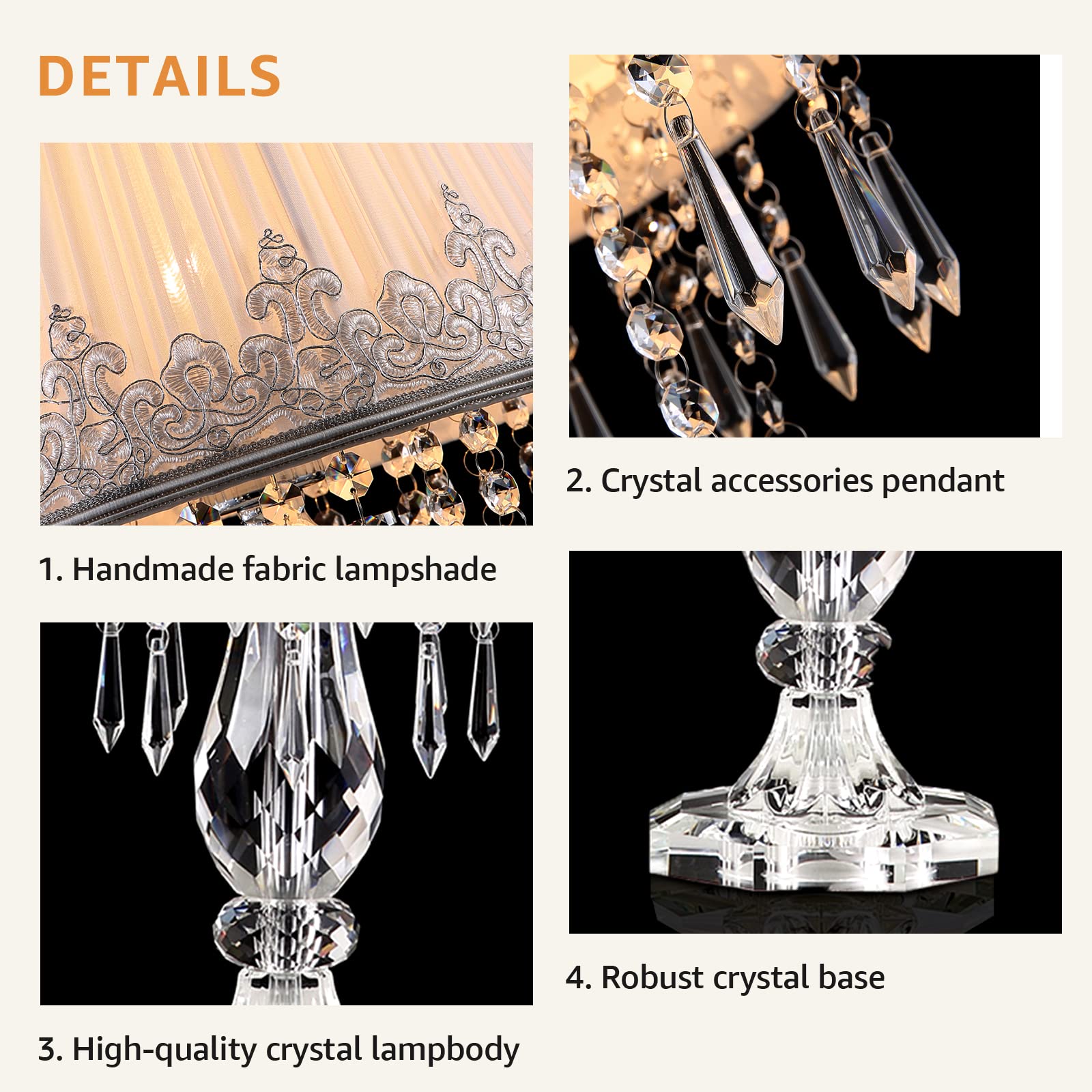 Moooni Modern Bedside Crystal Table Lamp, Dimmable, White Ruched Fabric, Set of 2, 12.8" W x 22.8" H, Elegant Chandelier
