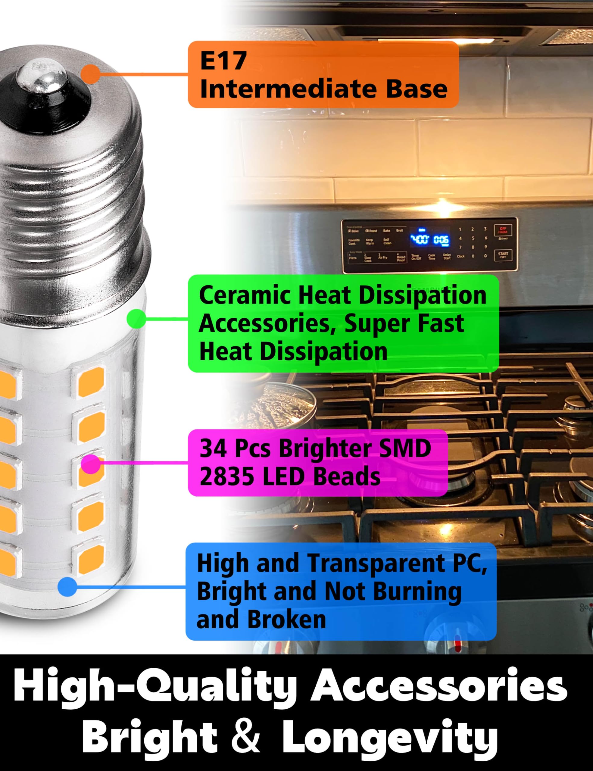 Xyanmc Microwave Oven Stove Bulb, E17 Led Dimmable Under Hood Microwave Bulb 40W Equivalent, 8206232A T7 E17 Intermediate Base 3