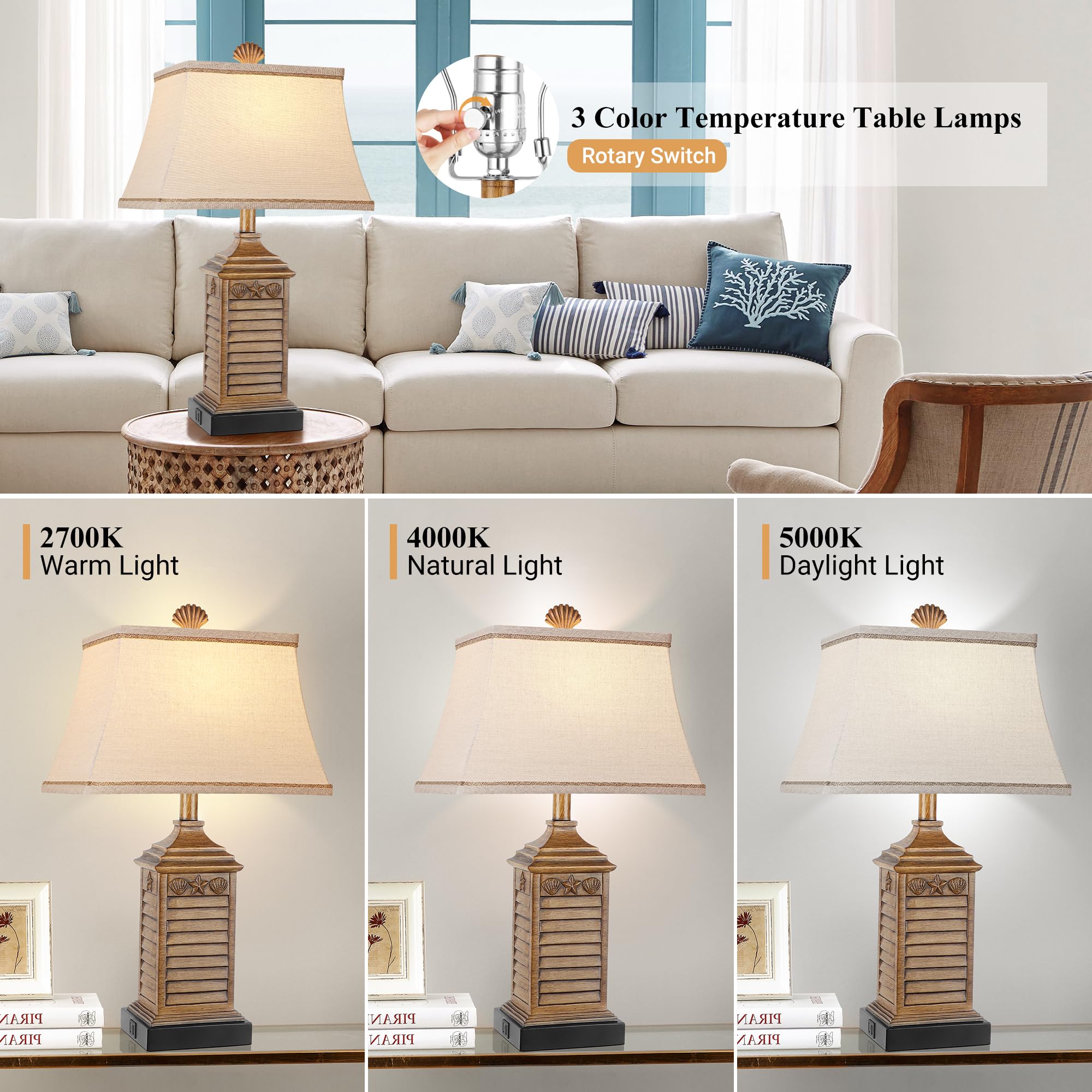 Hamucd Coastal Table Lamps Set Of 2 With Usb Ports & Ac Outlet - Brown Nautical Nightstand Decor