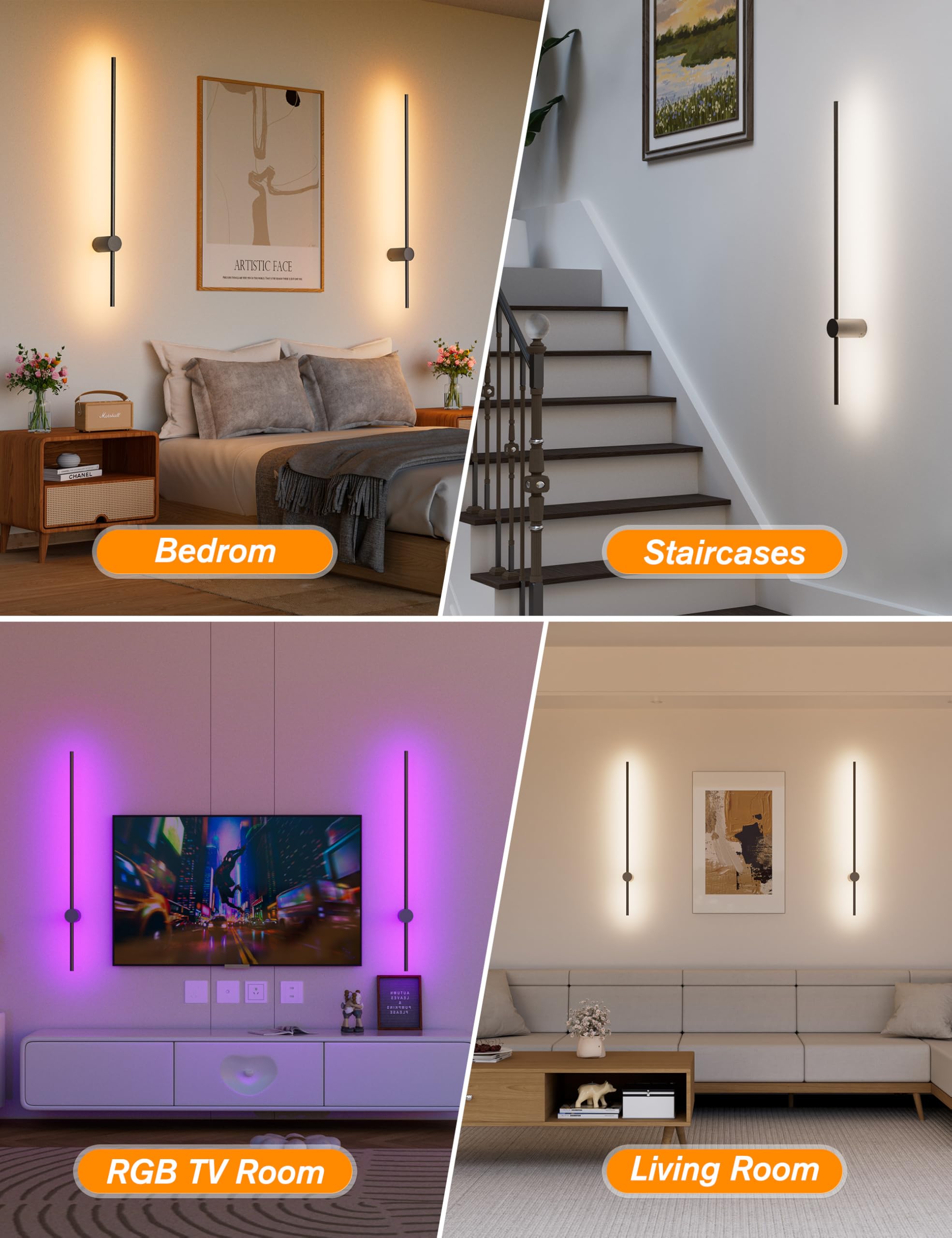 JOFIOS Black Rechargeable Wall Sconces Set of 2, 35.4 inch Metal Dimmable Lamps with Remote Control, RGB Colors, Model JFS61315