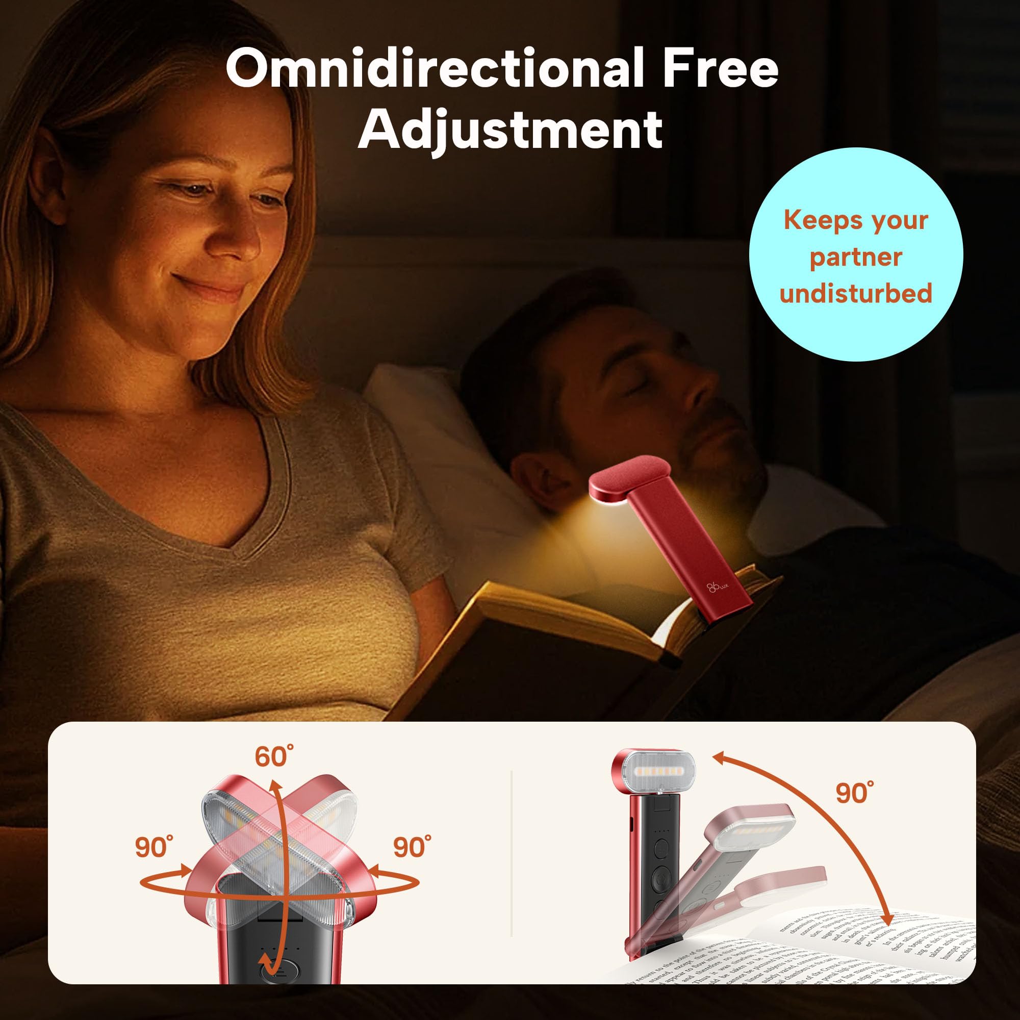 86lux Book Light, USB Rechargeable LED Reading Light, 3 Colors & Dimming, Aluminum, Model OK25, Red