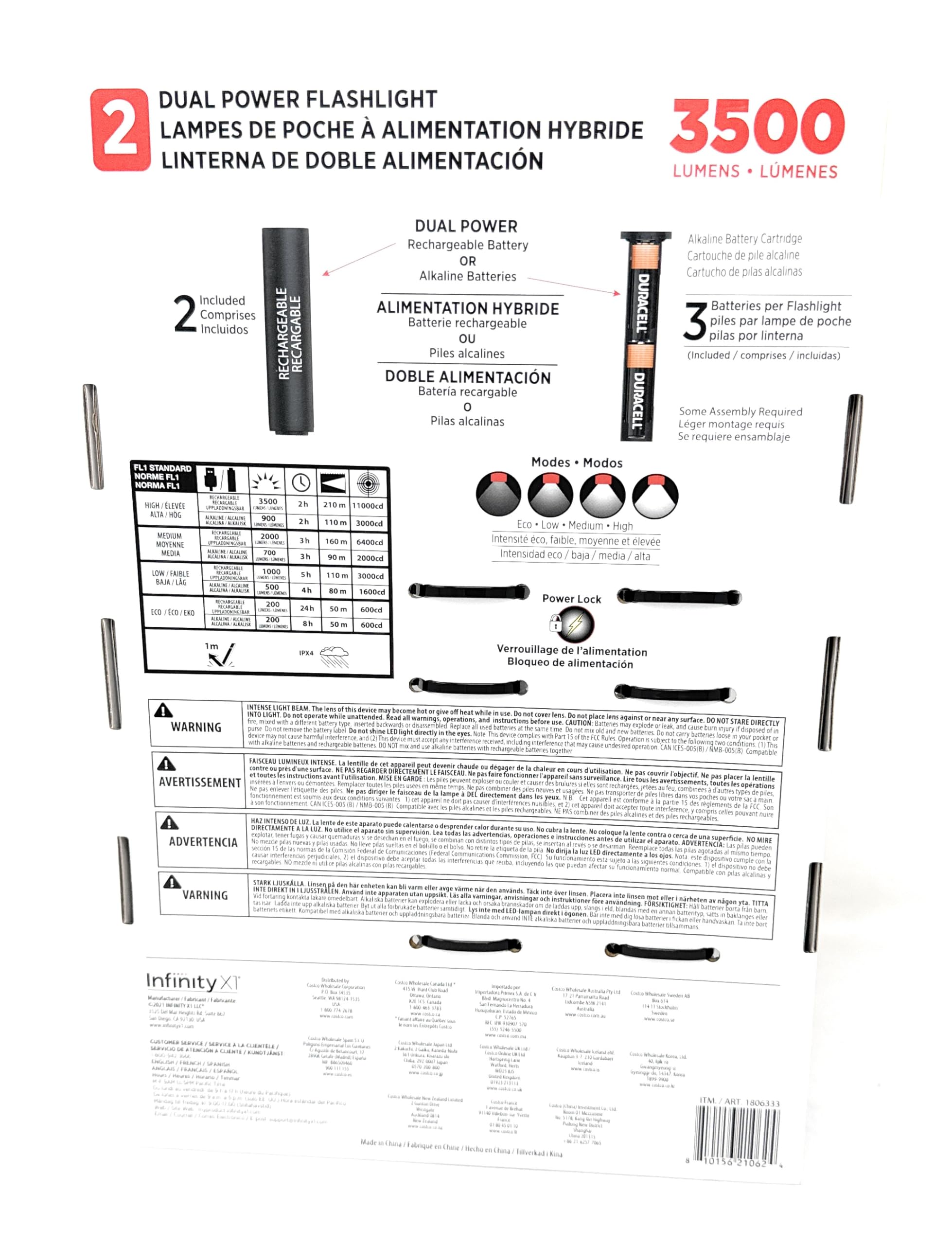 Infinity X1 3500 Lumen Dual Power Flashlight 2-Pack, LED, USB-C Rechargeable, Black, Model 1806333, Includes Batteries and Cables