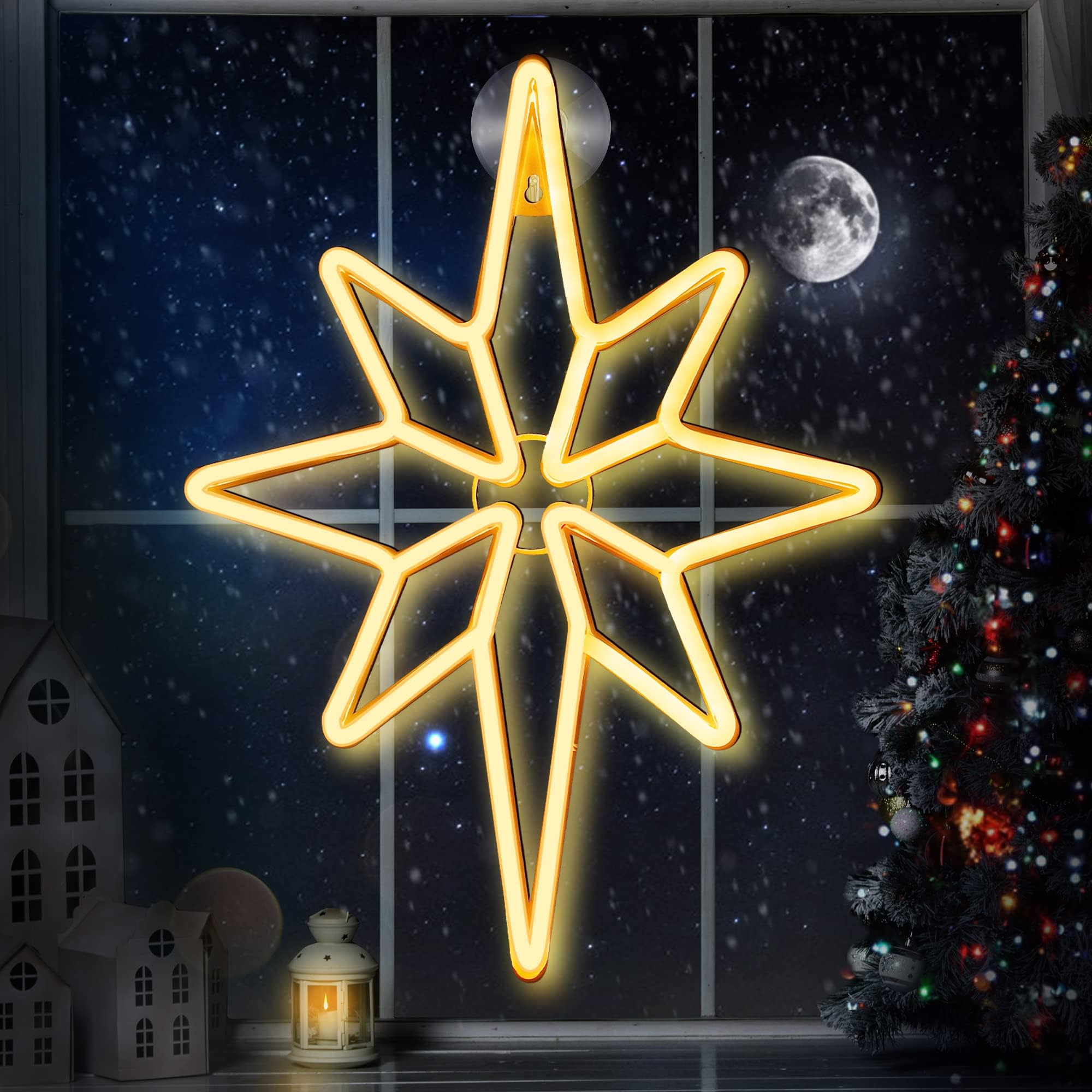 Enhon 1 Pack 16 Inch Bethlehem Star Window  Christmas Star  Nativity Lighted Outdoor  Usb Powered Or Battery Operated Bethlehem Christmas Neon Light For Window Bedroom Indoor Decor (Warm White)