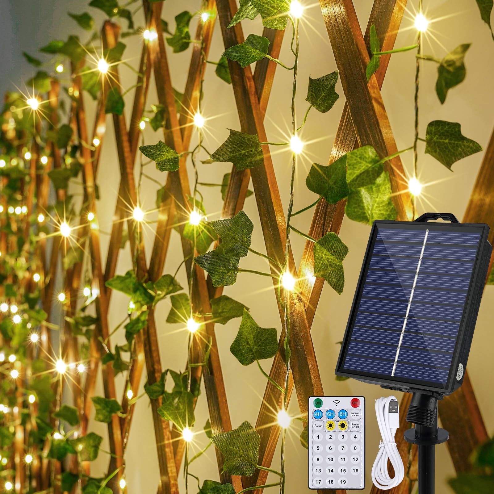 OMIKA Solar Fairy Lights, 66FT 200LEDs, Waterproof Ivy String Lights, Warm White, Model MKR-BO-63 for Outdoor Garden Wedding