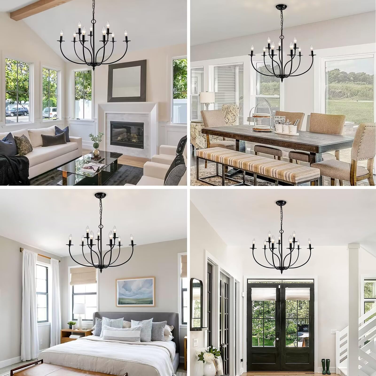 Rviezza 9-Light Black Industrial Iron Chandelier, 2-Tier Candle Design for Living Room, Dining Room, Bedroom, Foyer