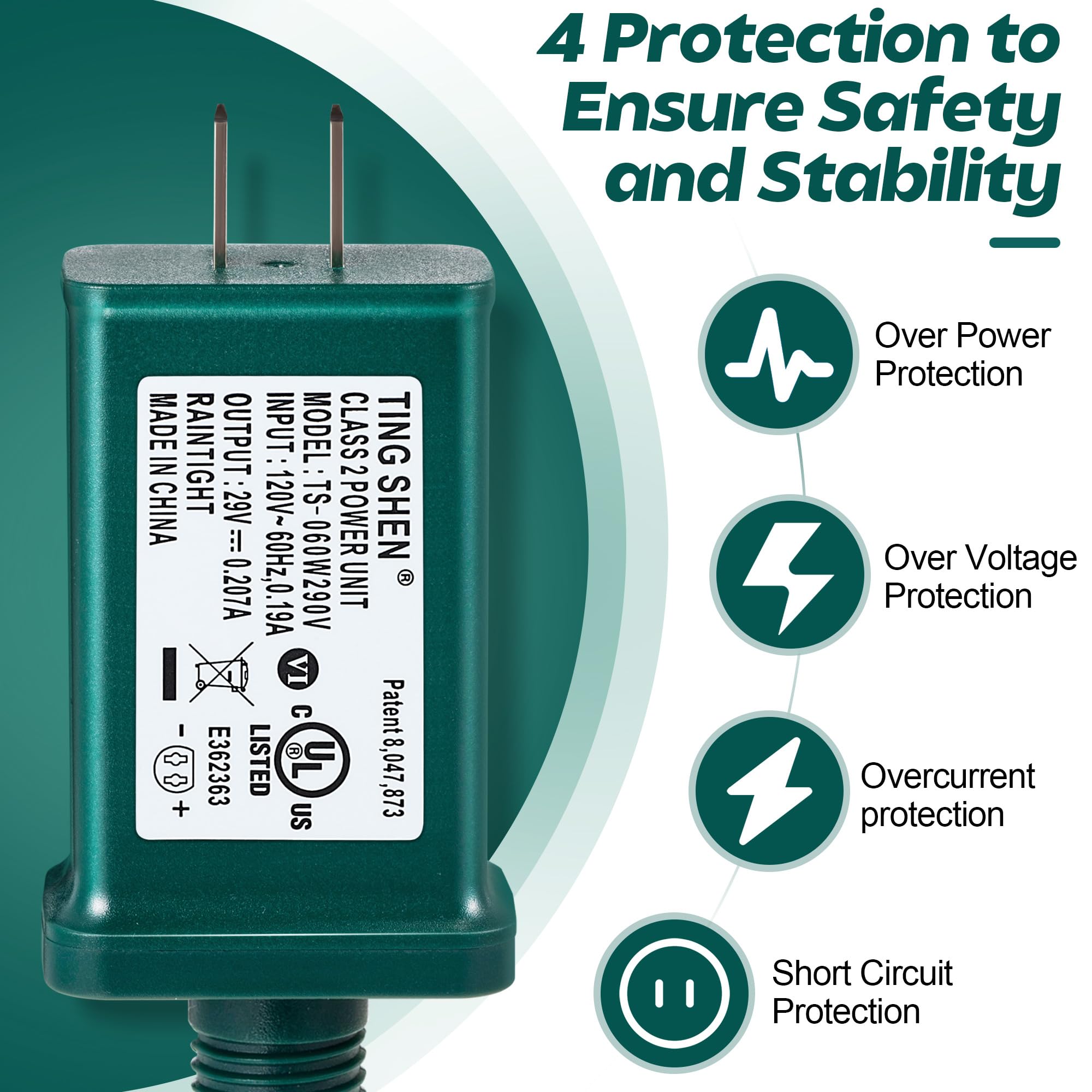Enhon 29V LED Power Supply Transformer, UL Certified, Low Voltage US Plug Adapter, Model TS-13W29V, Green