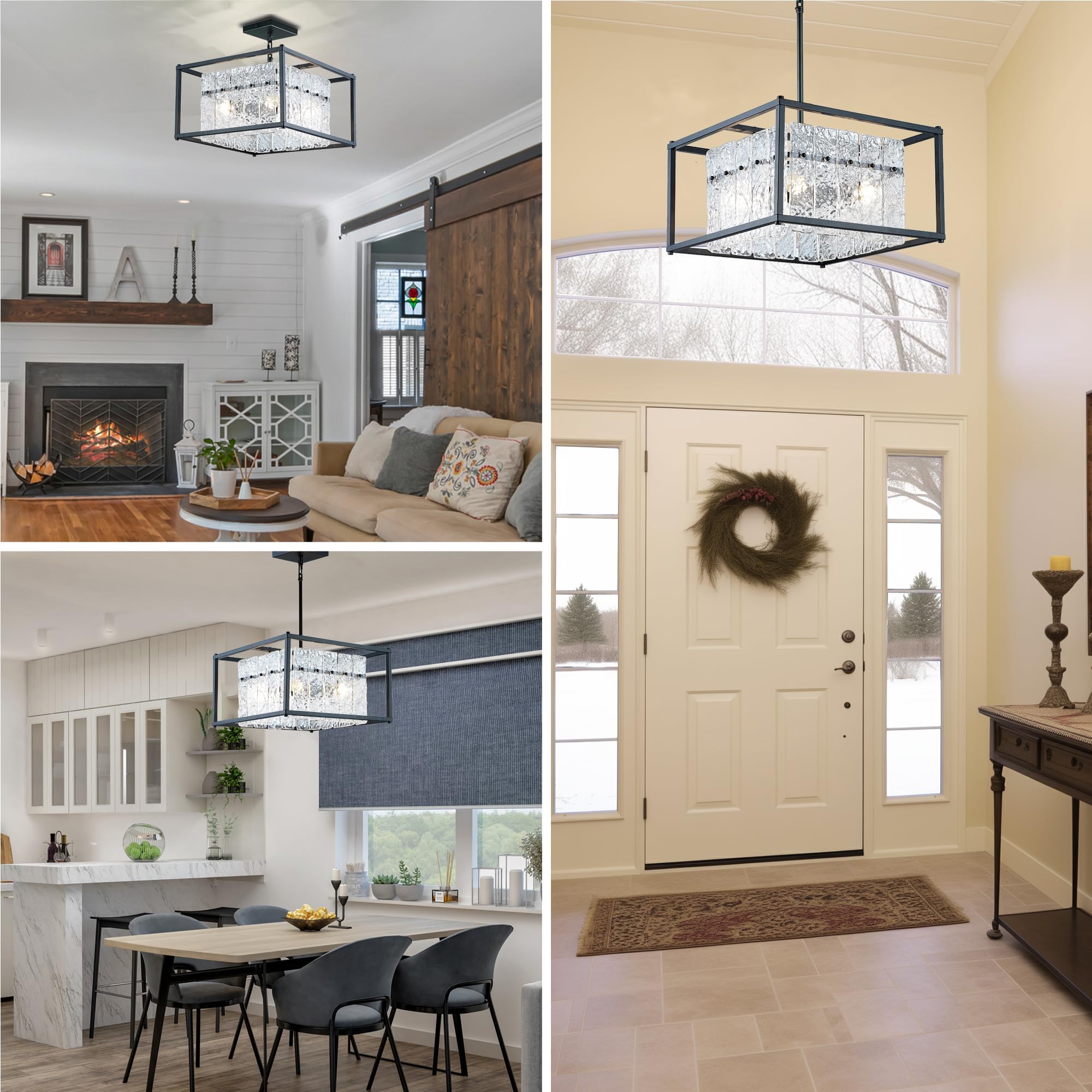 Modern Foyer Chandelier, Black Crystal Chandelier For Dining Room, Square Entryway Light Fixture Hanging, Easily Adjustable Heig