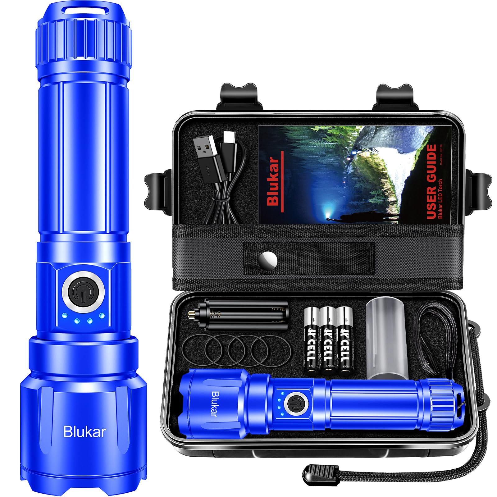 Blukar Rechargeable Flashlight, LED Tactical Torch, 5 Modes, Zoomable, Waterproof, Aluminum, Model K9138, Blue