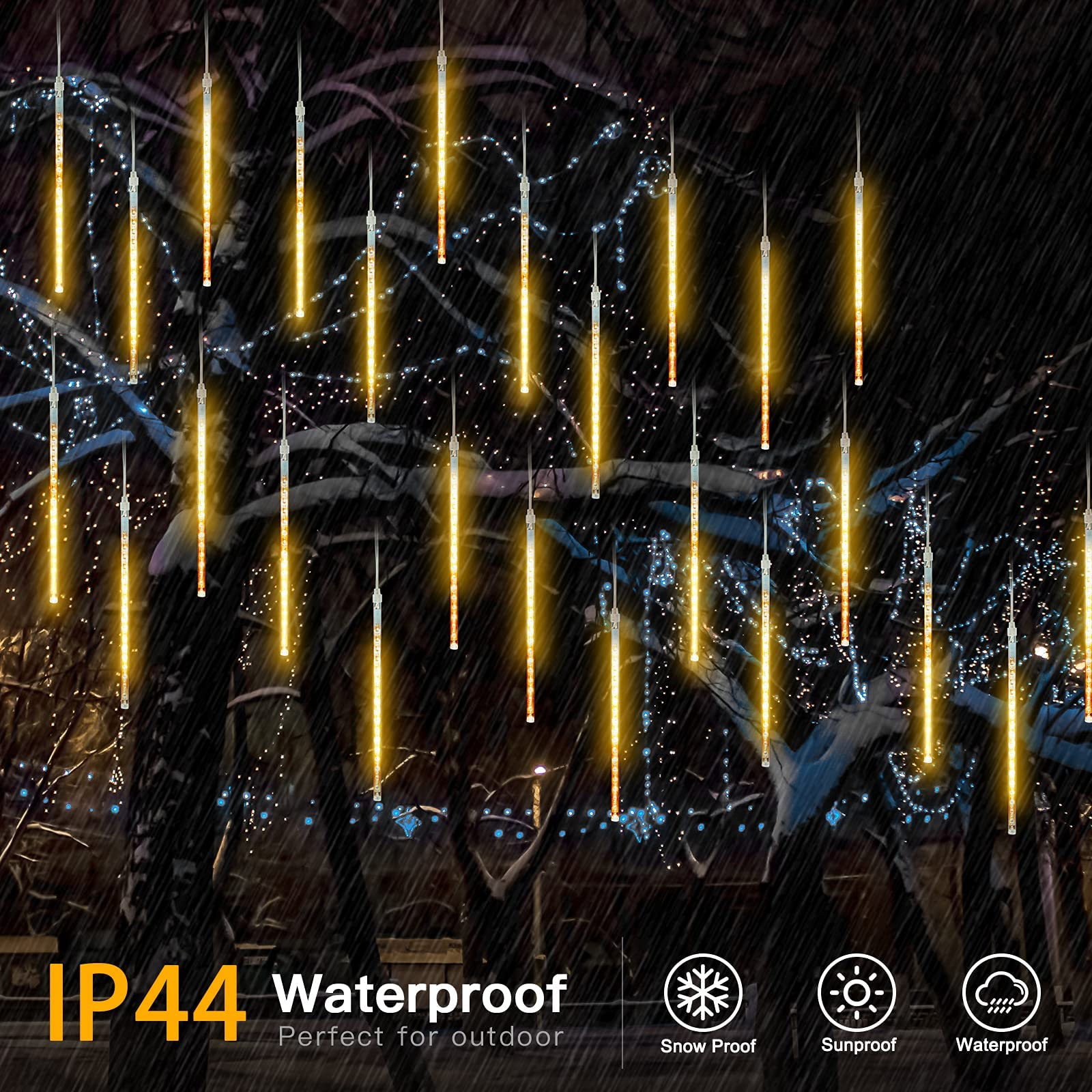 Brightown Meteor Shower Lights - 10 Tube 360 LED Outdoor Waterproof Christmas Lights - 16 Inch - Warm White