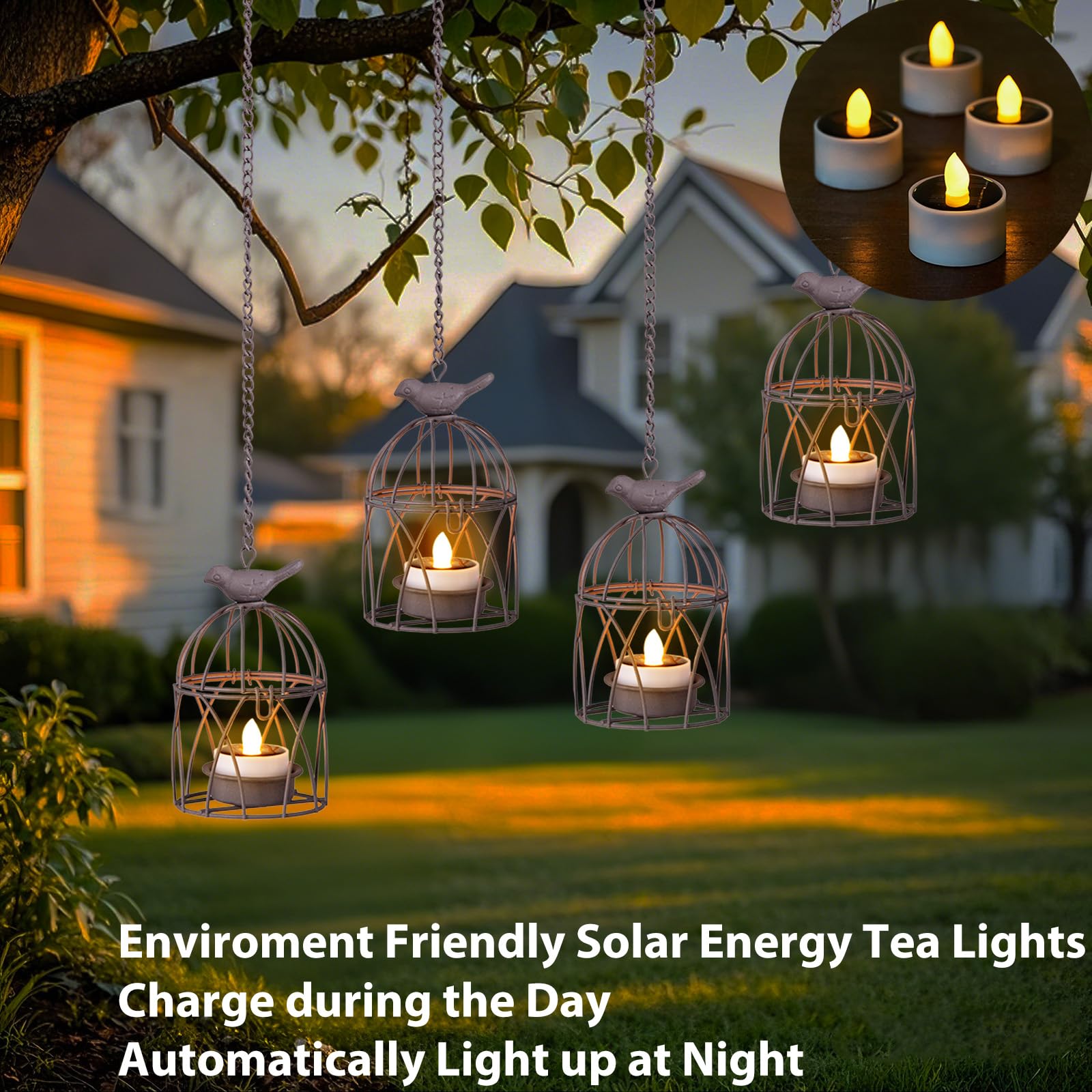 Solar Lanterns Outdoor Waterproof, Rust Iron Cage Candle Holder With Flickering Solar Powered Tea Lights, Hanging Solar Lights F