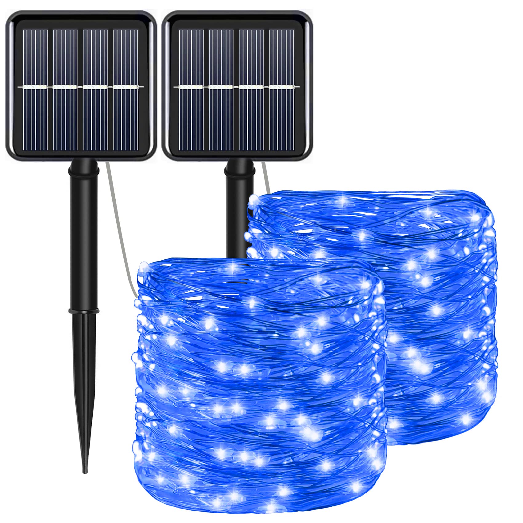 YAOZHOU Solar Christmas String Lights Blue Outdoor Waterproof 100 LED(2 Pack) 8 Modes Copper String Lights Fairy Lights for Valentine's Day Garden, Patio, Fence, Balcony, Outdoors(blue 2pcs