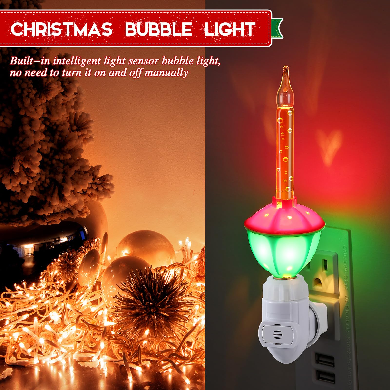 Feekoon 9 Pack Christmas Bubble Night Light With Dusk To Dawn Sensor, Traditional Multi Color Bubble Fluid Lights, Christmas Bub
