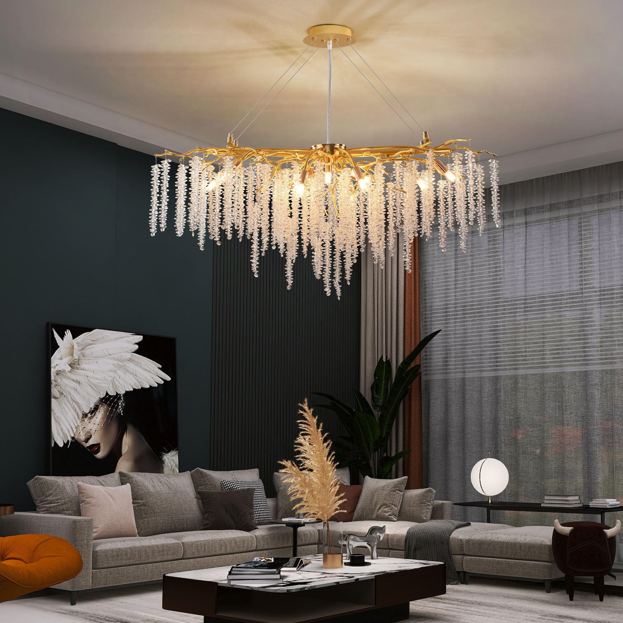 Upfelw Modern Crystal Chandelier, Gold 13-Light Pendant Fixture, 40'' for Dining Room, Kitchen, Living Room, UBC-G13-0426