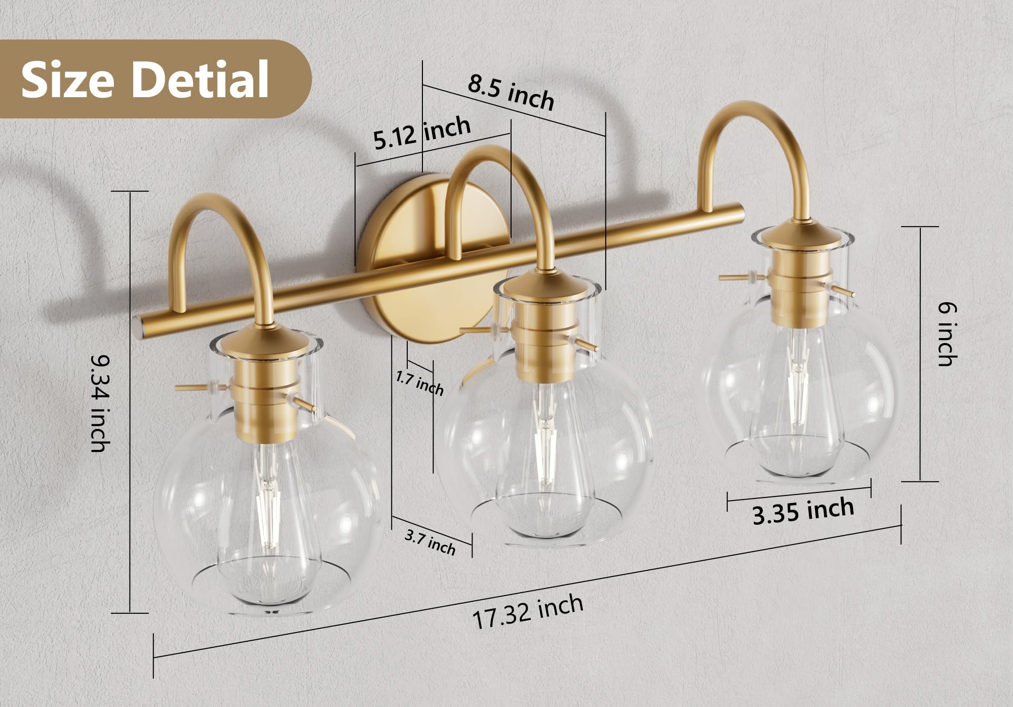 PRIMEPLUS Gold Vanity Light - 3 Light Bathroom Fixtures with Clear Globe Glass Shade, Model 2109-GD, Metal Sconces for Modern Decor