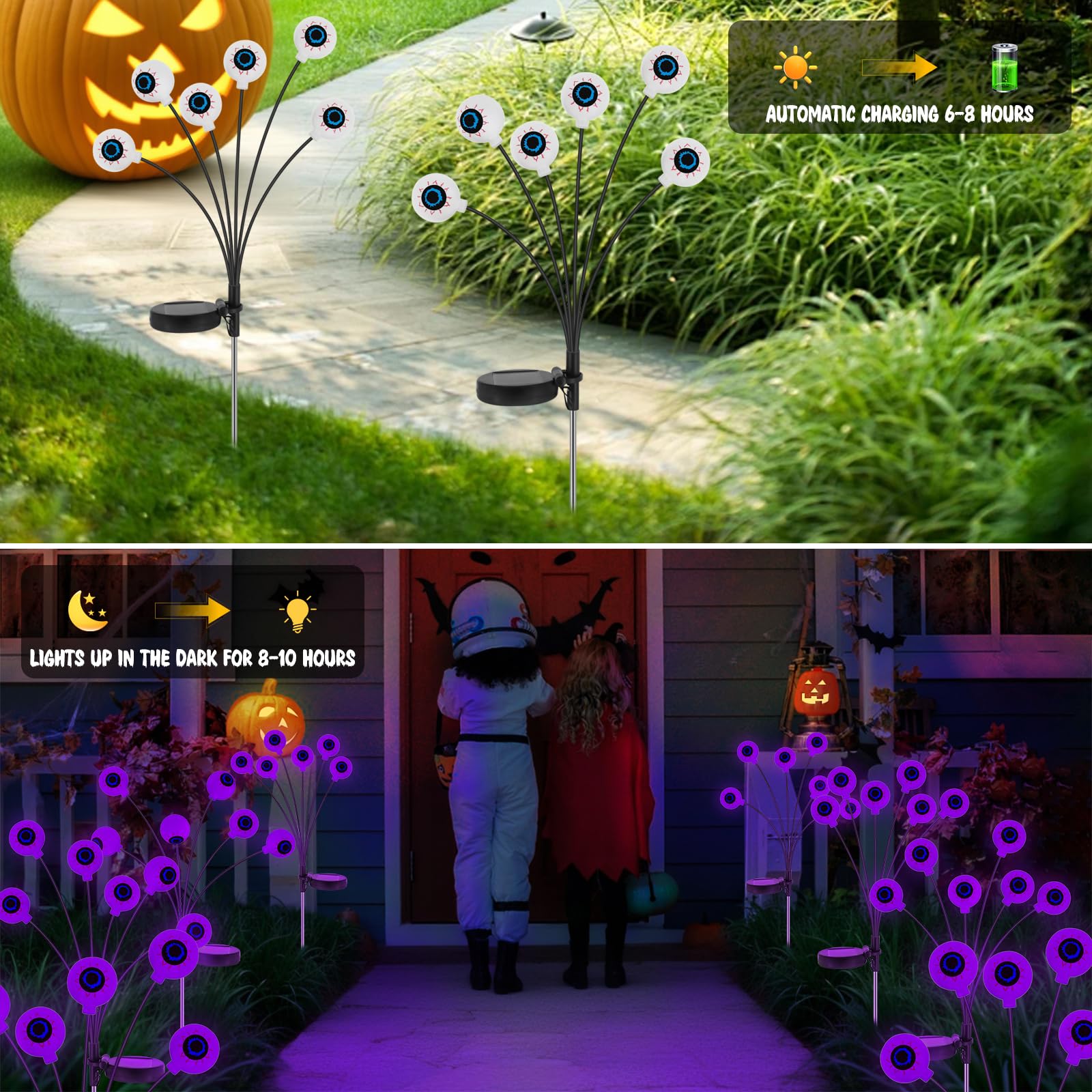 Halloween Decorations Outdoor Solar Halloween Lights, 2 Pack 12 Led Scary Halloween Eyeball Lights Solar Firefly Swaying Lights, Halloween Solar Lights For Outside Path Yard Garden Lawn Decor, Purple