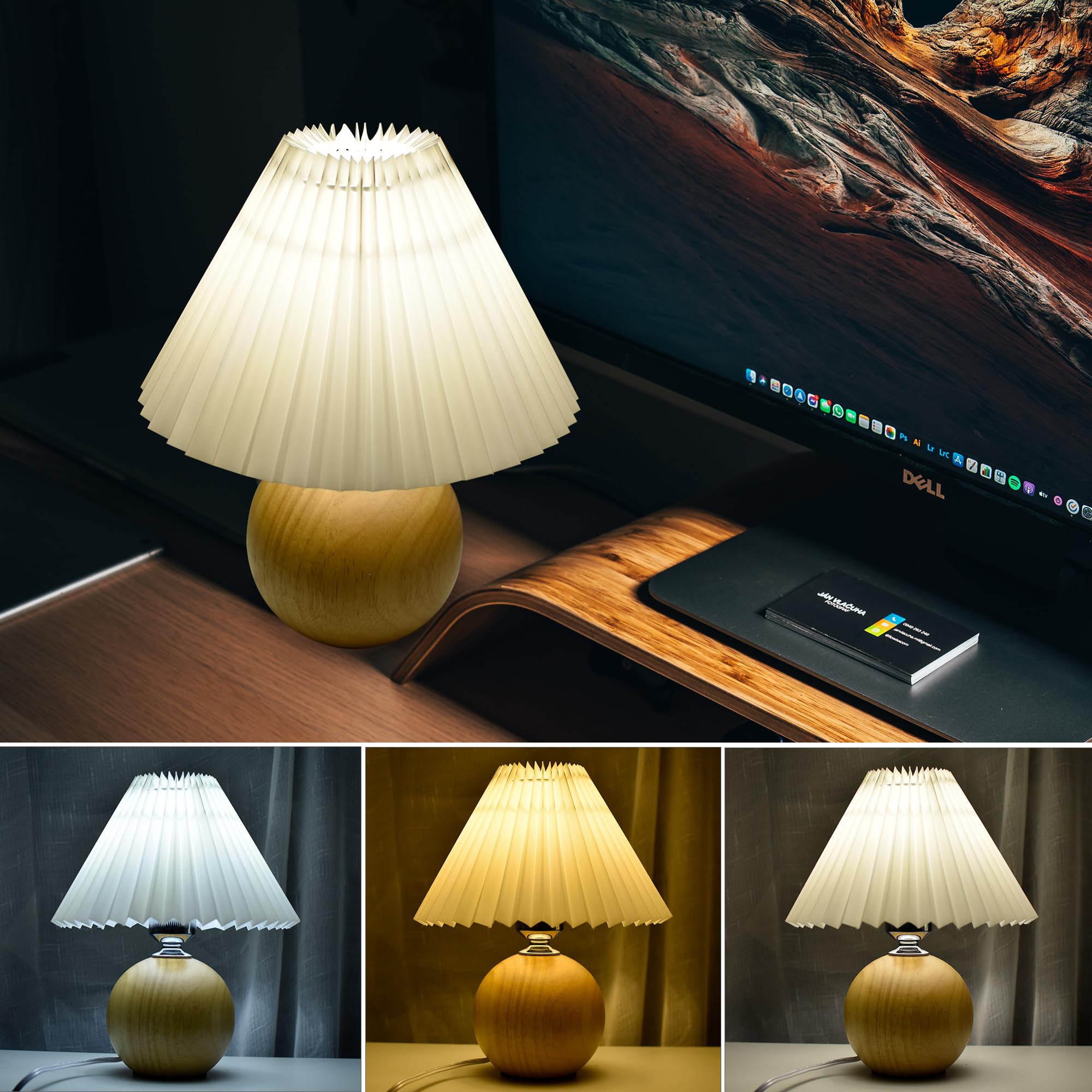 Korean Pleated Table Lamp Ins Diy Ceramic Table Lamps For Living Room Home Deco Cute Lamp With Tricolor Led Bulb Beside Lamp (Wood And White)