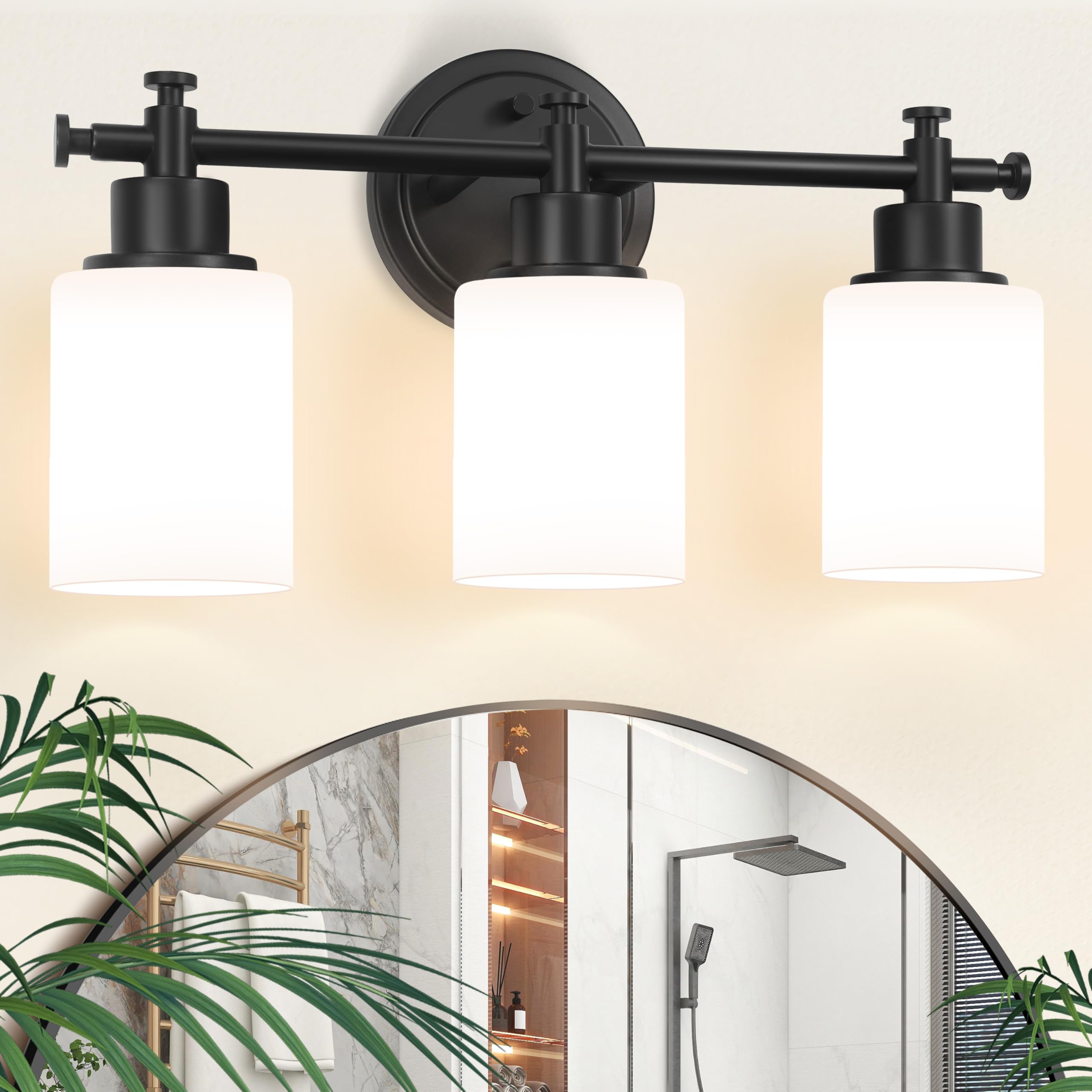 imizdlum 3-Light Black Bathroom Light Fixtures, Modern Vanity Lights Over Mirror, Bathroom Wall Sconces with White Glass Shade, 