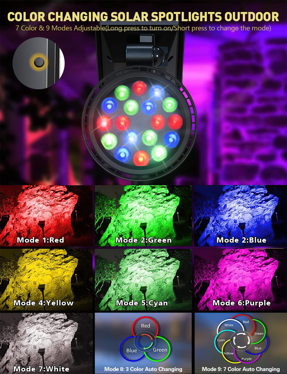 OSORD Solar Spot Lights, 18 LED Color Changing, Waterproof, 2 Pack, Multicolor, Ideal for Garden, Yard, and Landscape
