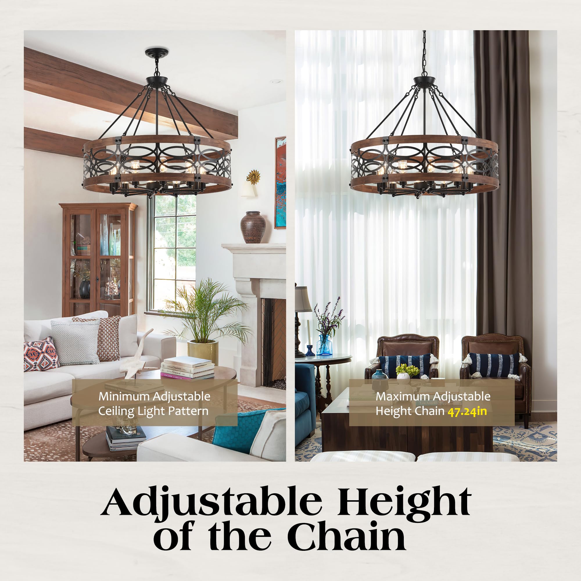 Faibra 10-Light Farmhouse Drum Pendant Light, Vintage Rustic Brown Oak, 32.24in Chandelier for Dining Room, Entryway, Bedroom